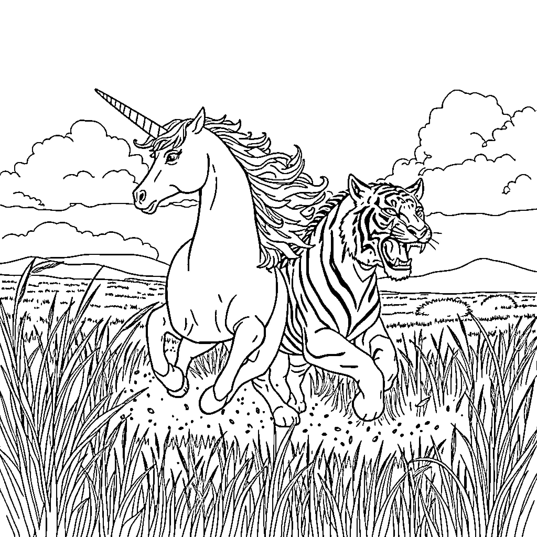 Unicorn and Tiger Roaming through Grassy Field Coloring Page (free black-and-white line drawing printable PDF for all, from beginners to advanced learners, including children, teens, adults, and seniors)