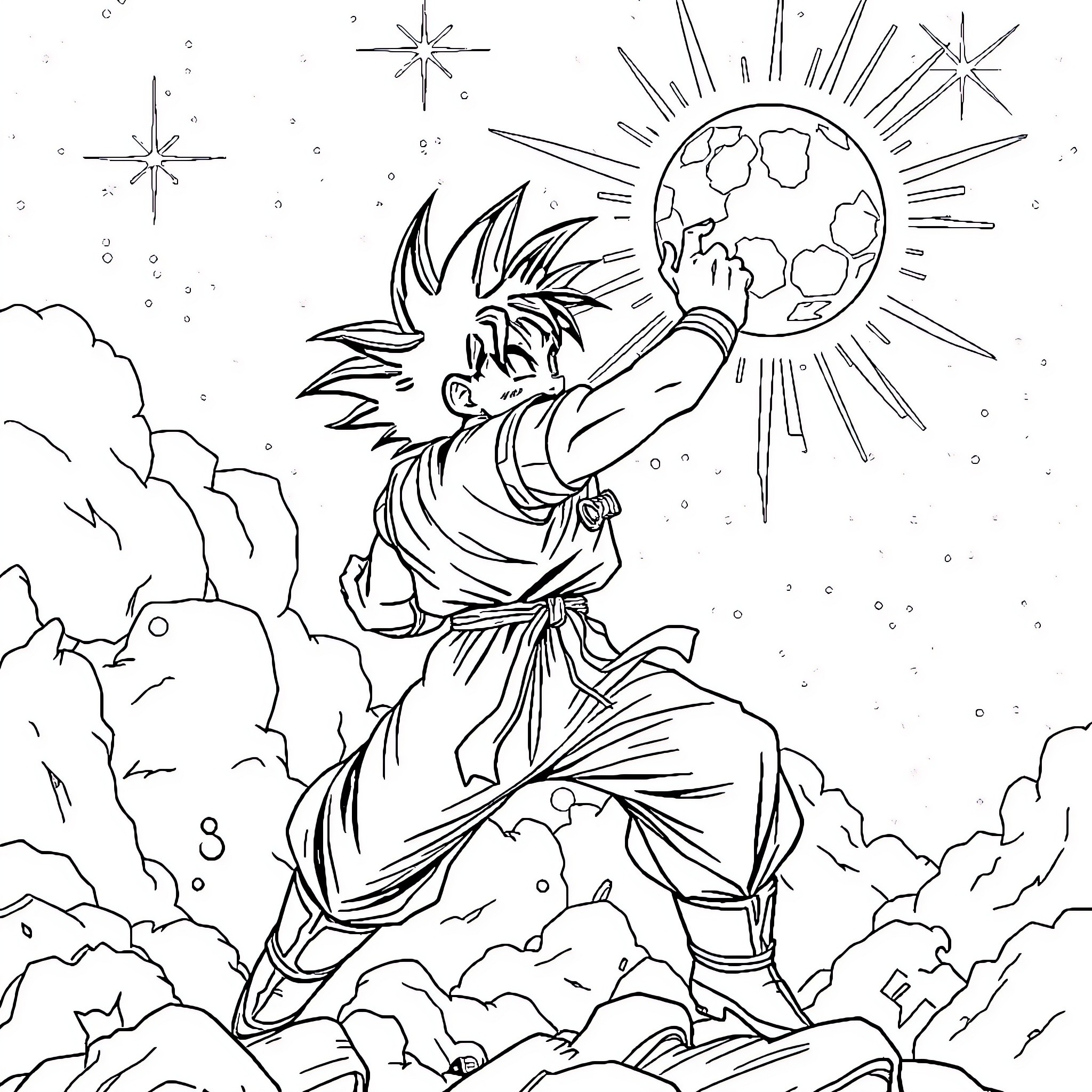 Goku's Powerful Celestial Pose Coloring Page (free black-and-white line drawing printable PDF for all, from beginners to advanced learners, including children, teens, adults, and seniors)