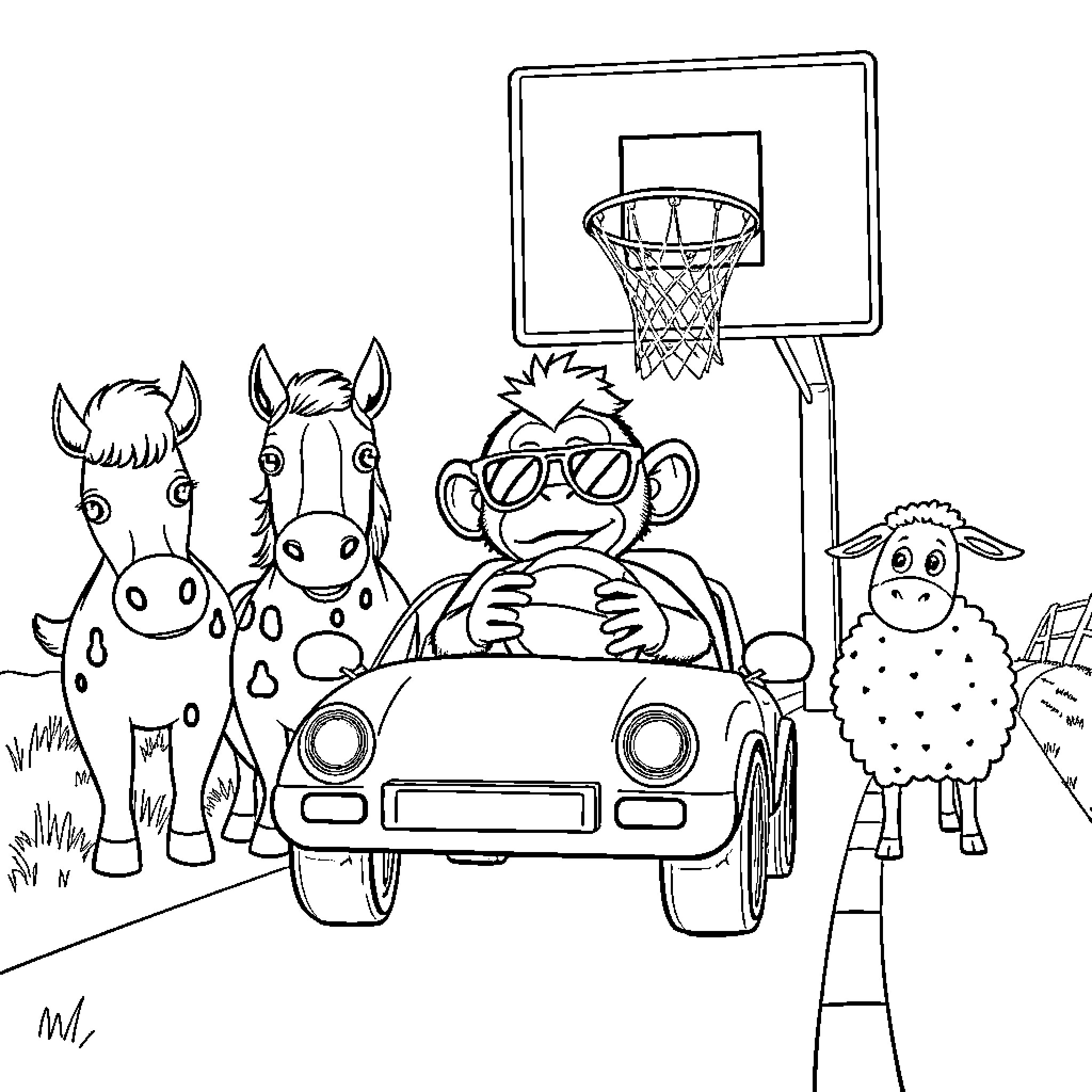 Monkey having fun with animal friends and basketball hoop Coloring Page (free black-and-white line drawing printable PDF for all, from beginners to advanced learners, including children, teens, adults, and seniors)