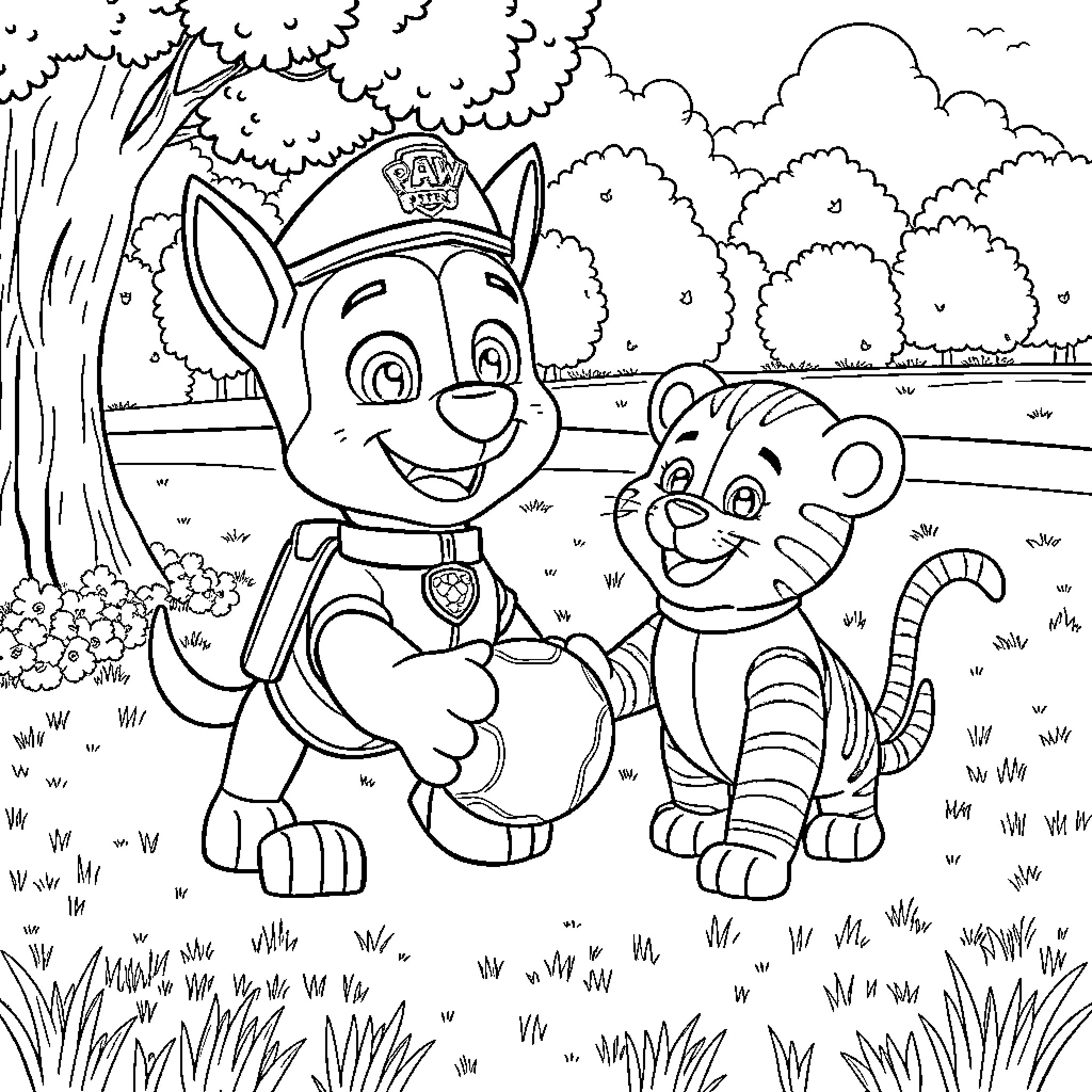 Chase and Explore the Outdoors with Pups Coloring Page (free black-and-white line drawing printable PDF for all, from beginners to advanced learners, including children, teens, adults, and seniors)
