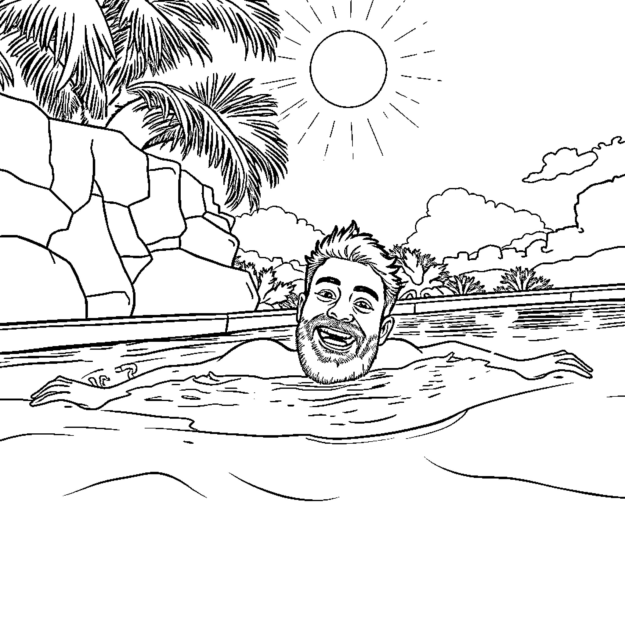 Dude enjoying a sunny day at the beach Coloring Page (free black-and-white line drawing printable PDF for all, from beginners to advanced learners, including children, teens, adults, and seniors)