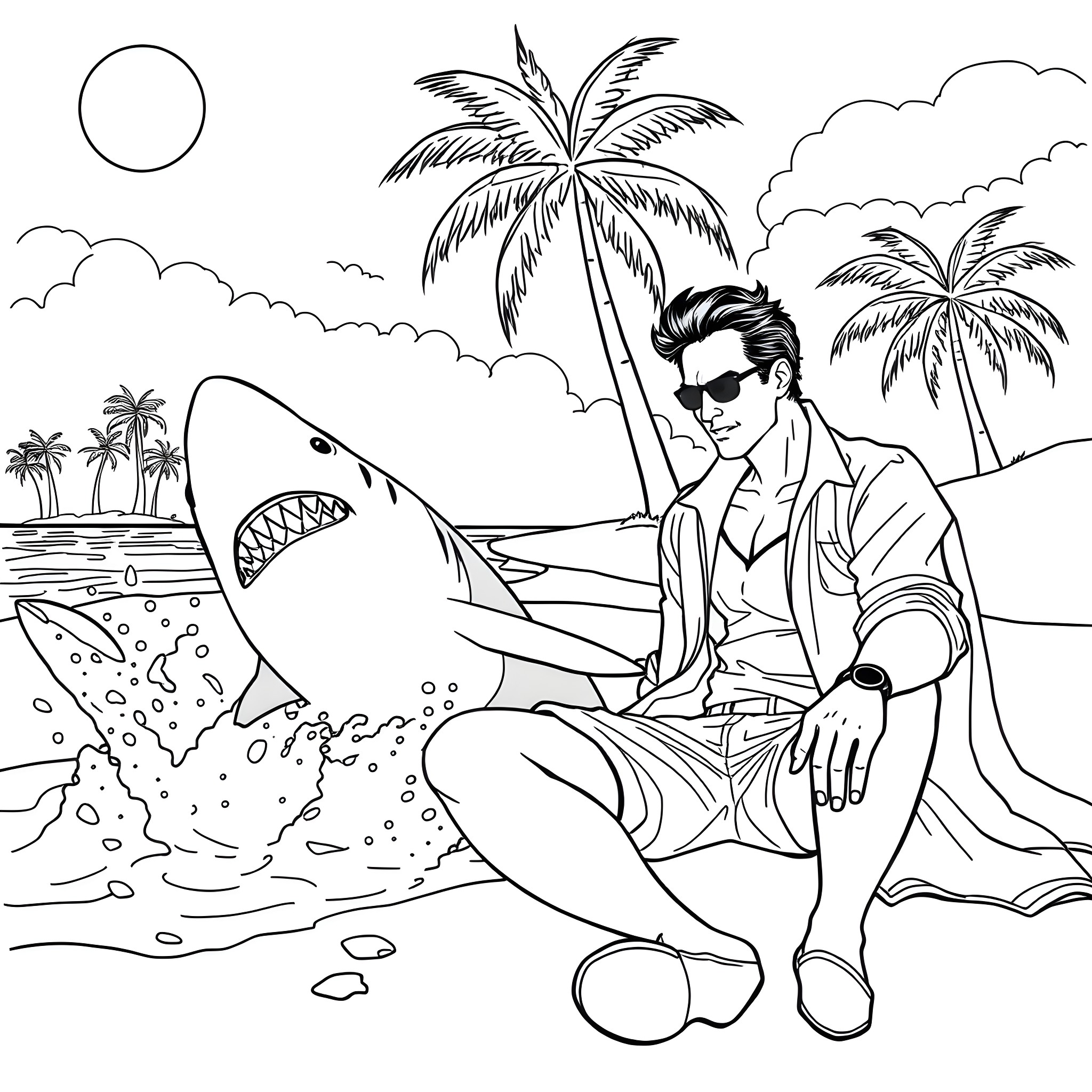Shark observing a man sitting on the beach Coloring Page (free black-and-white line drawing printable PDF for all, from beginners to advanced learners, including children, teens, adults, and seniors)