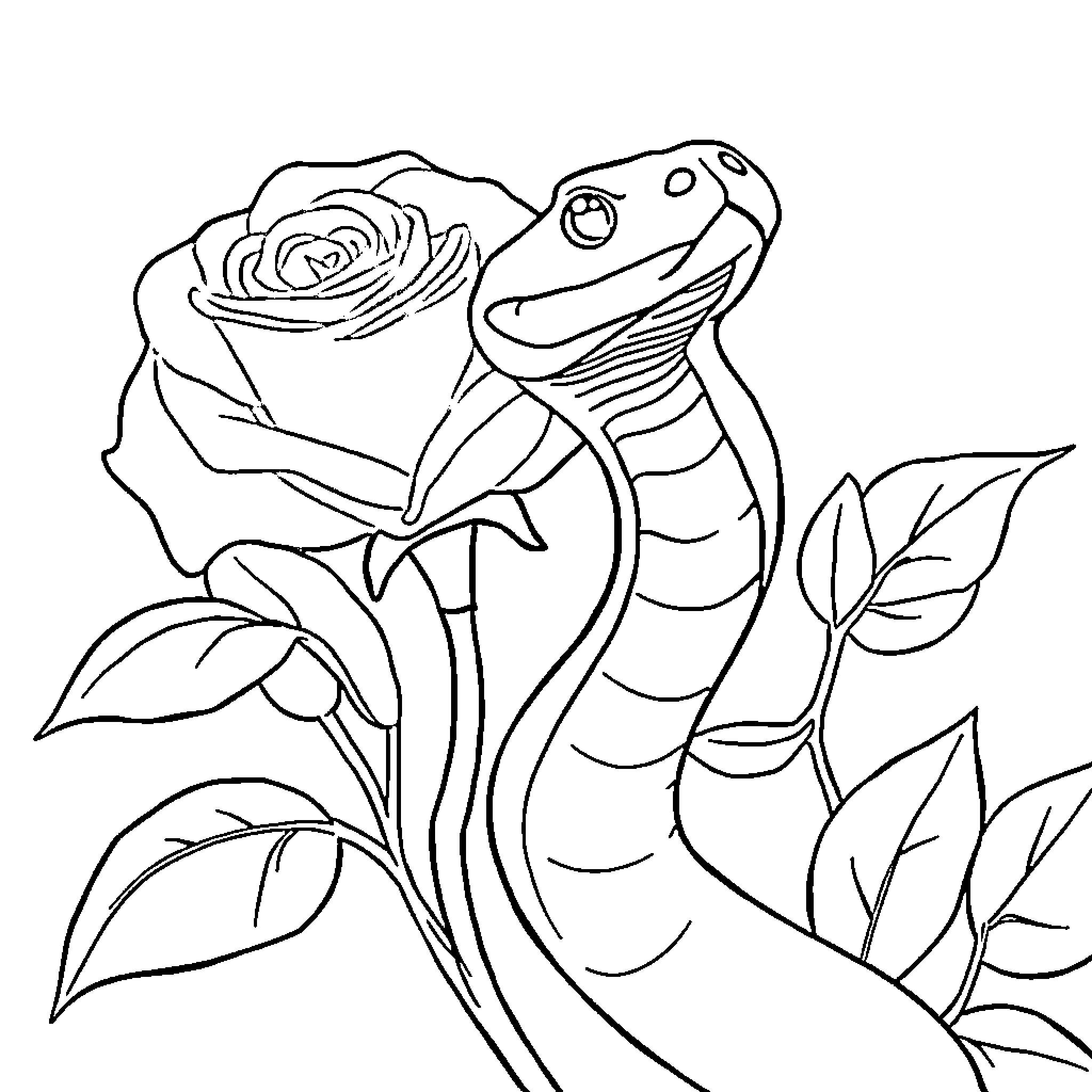 Rose entwined with a playful snake Coloring Page (free black-and-white line drawing printable PDF for all, from beginners to advanced learners, including children, teens, adults, and seniors)