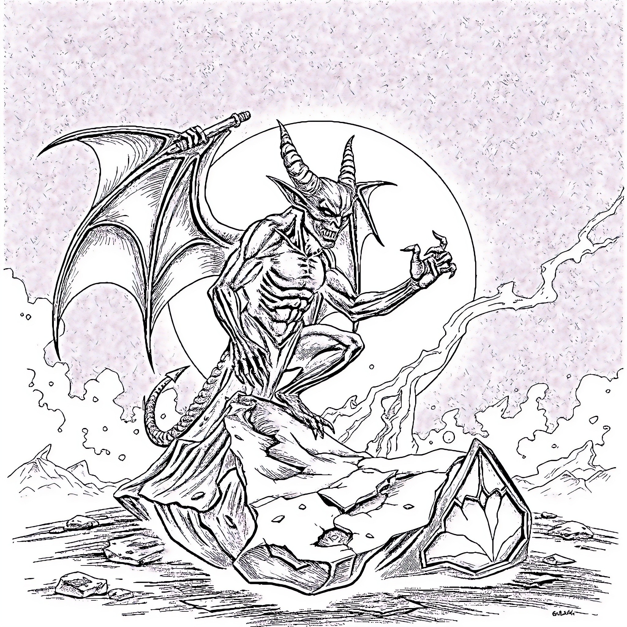 Demon Unleashing Chaos in Rugged Landscape Coloring Page (free black-and-white line drawing printable PDF for all, from beginners to advanced learners, including children, teens, adults, and seniors)