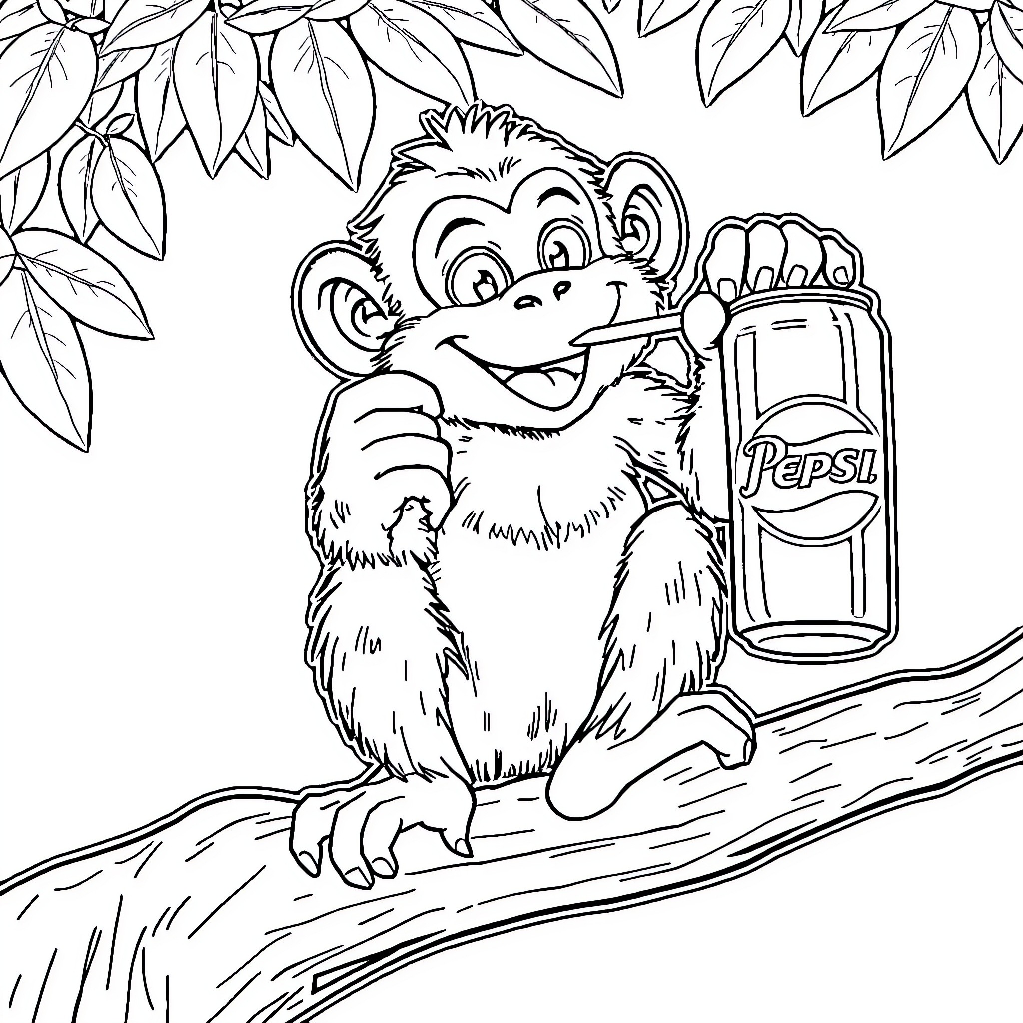 Monkey enjoying a refreshing Pepsi drink Coloring Page (free black-and-white line drawing printable PDF for all, from beginners to advanced learners, including children, teens, adults, and seniors)