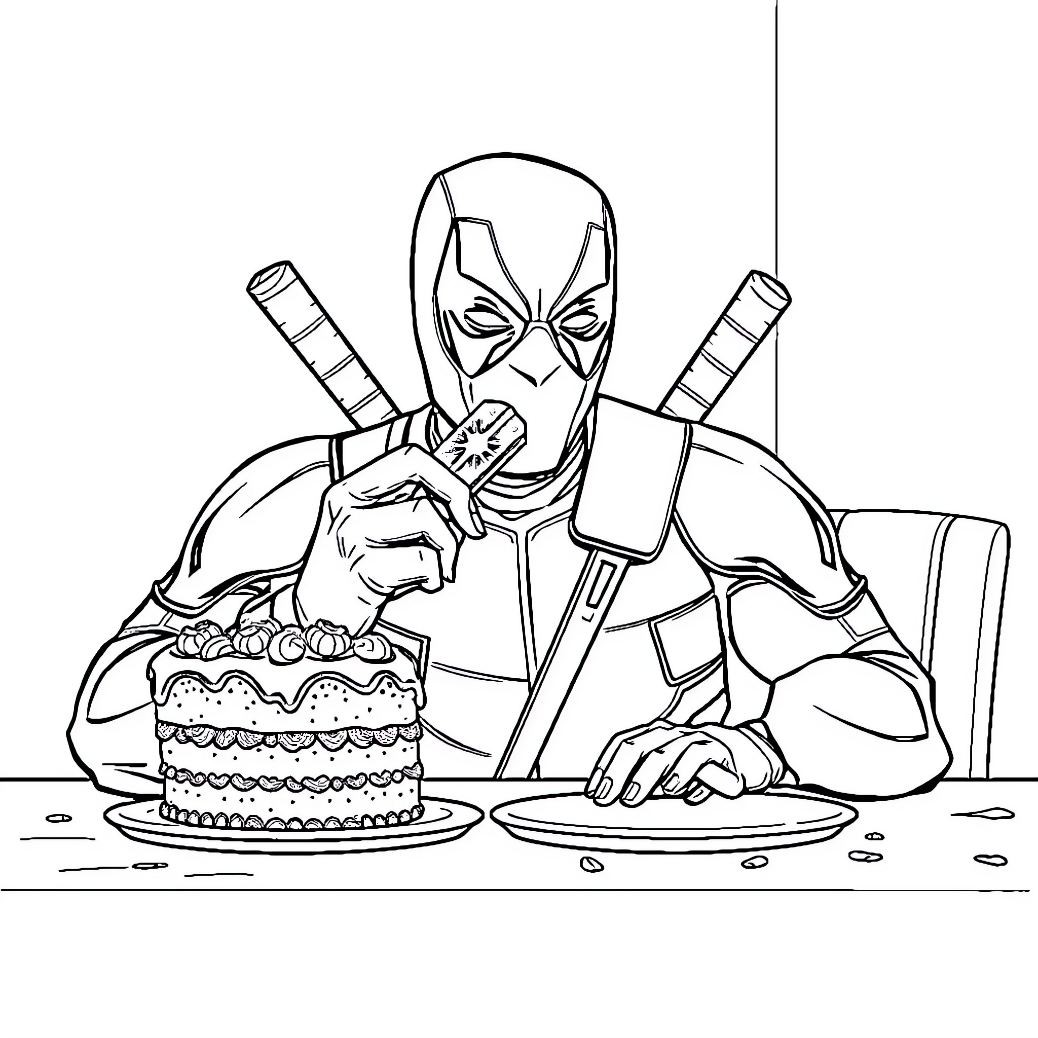 Deadpool enjoying a birthday cake with katanas Coloring Page (free black-and-white line drawing printable PDF for all, from beginners to advanced learners, including children, teens, adults, and seniors)