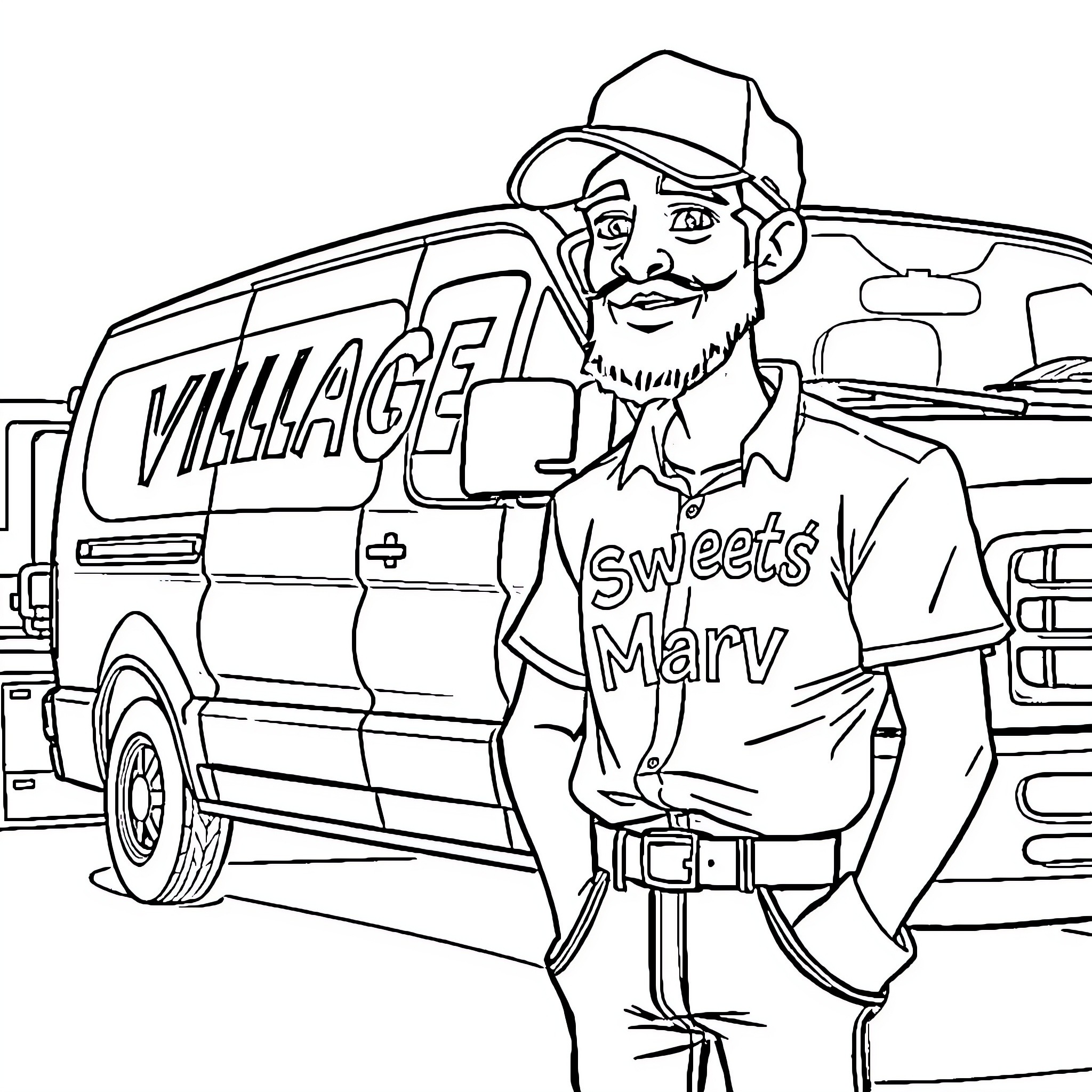 Mechanic selling sweets from a delivery van Coloring Page (free black-and-white line drawing printable PDF for all, from beginners to advanced learners, including children, teens, adults, and seniors)