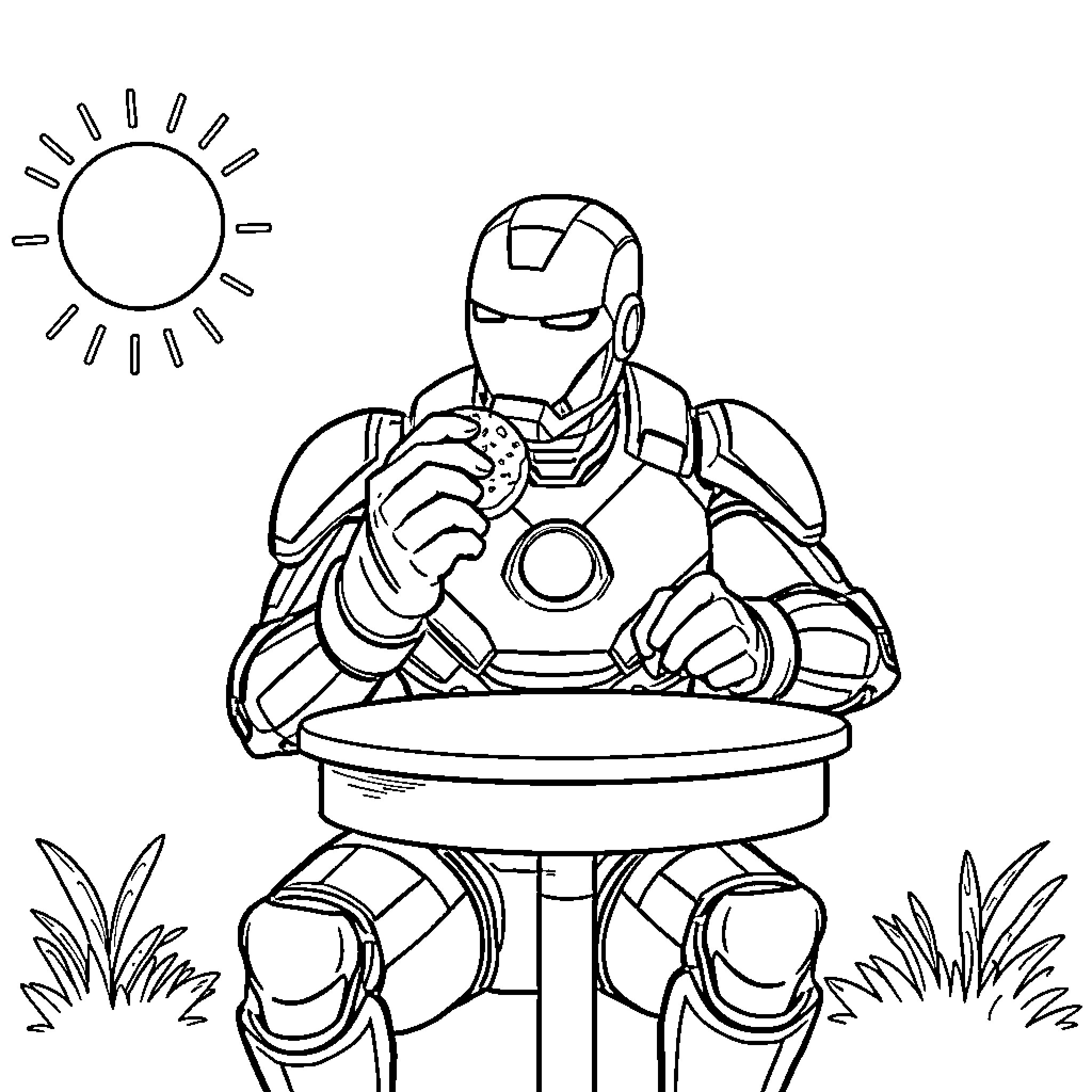 Iron Man relaxing in the sunshine Coloring Page (free black-and-white line drawing printable PDF for all, from beginners to advanced learners, including children, teens, adults, and seniors)