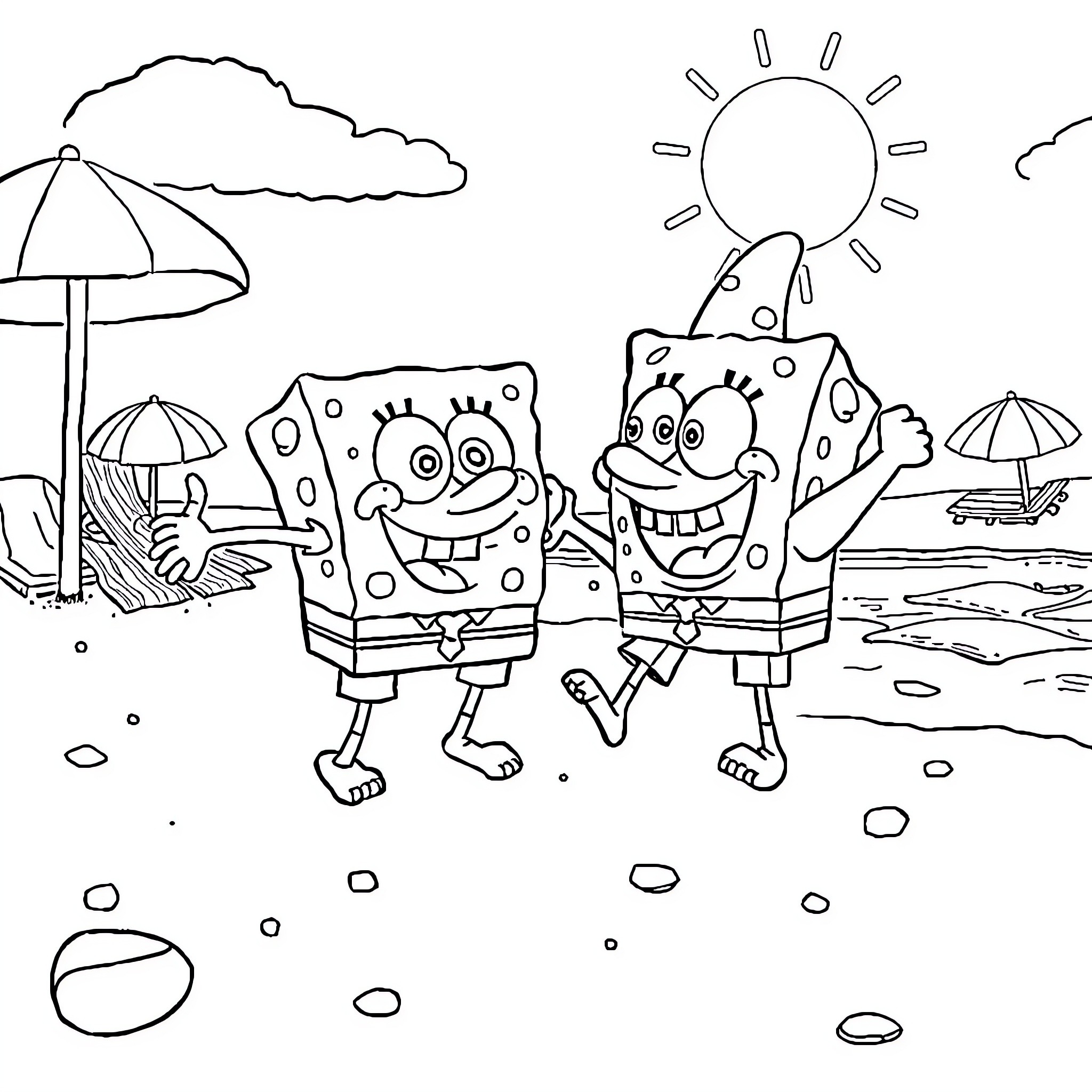 Spongebob and Patrick enjoying a sunny day at the beach Coloring Page (free black-and-white line drawing printable PDF for all, from beginners to advanced learners, including children, teens, adults, and seniors)