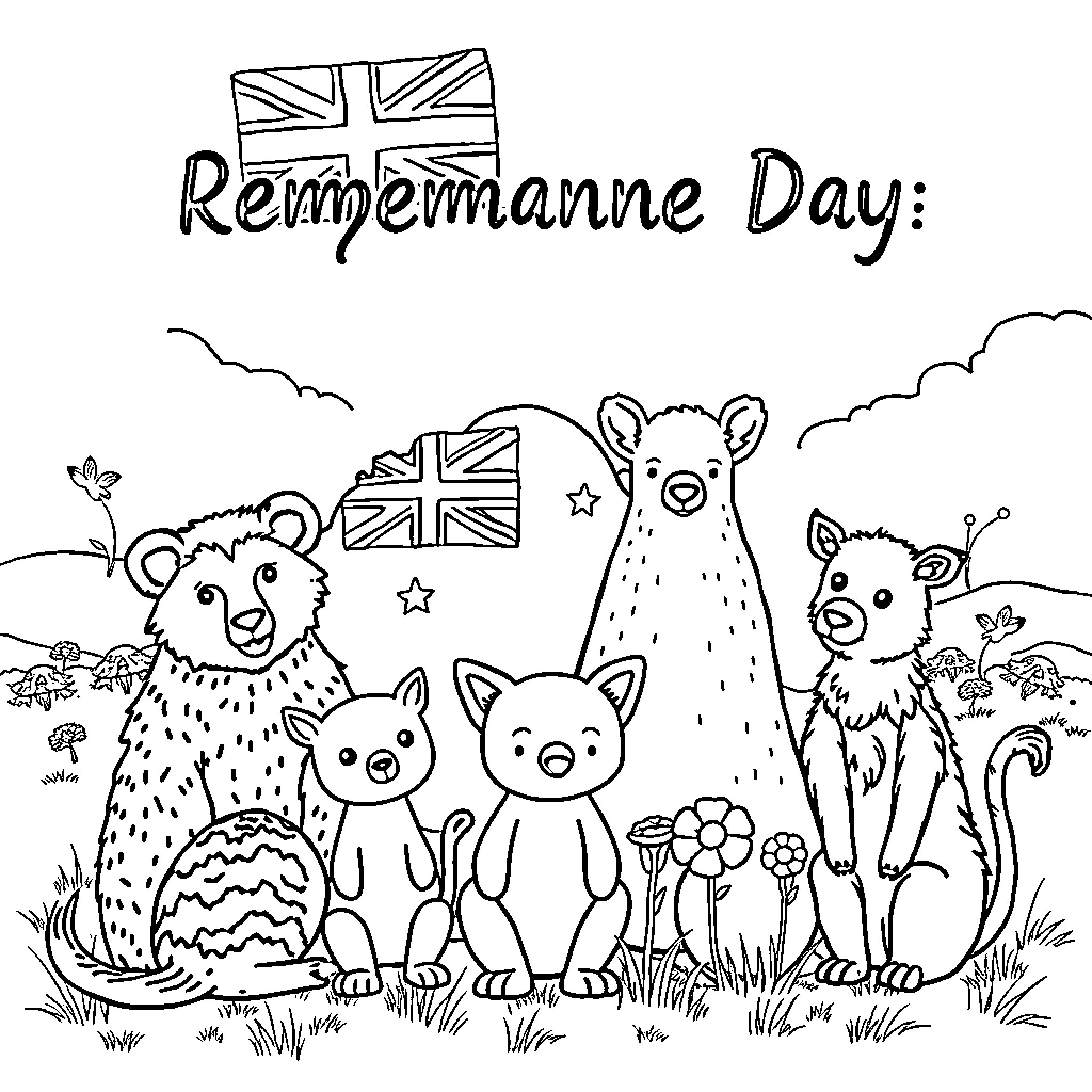 Australian Animals Celebrate Remembrance Day Coloring Page (free black-and-white line drawing printable PDF for all, from beginners to advanced learners, including children, teens, adults, and seniors)