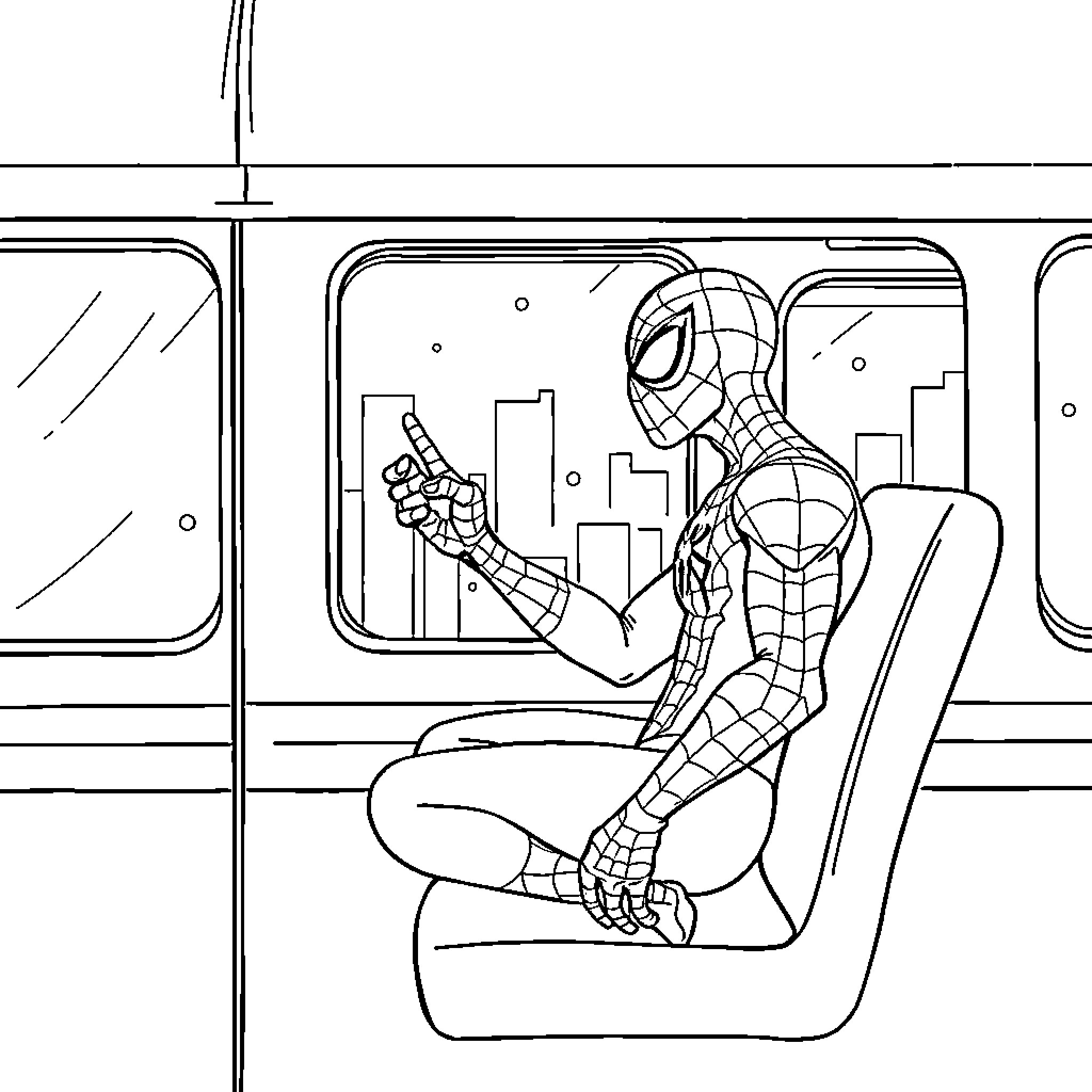 Spiderman riding the subway Coloring Page (free black-and-white line drawing printable PDF for all, from beginners to advanced learners, including children, teens, adults, and seniors)