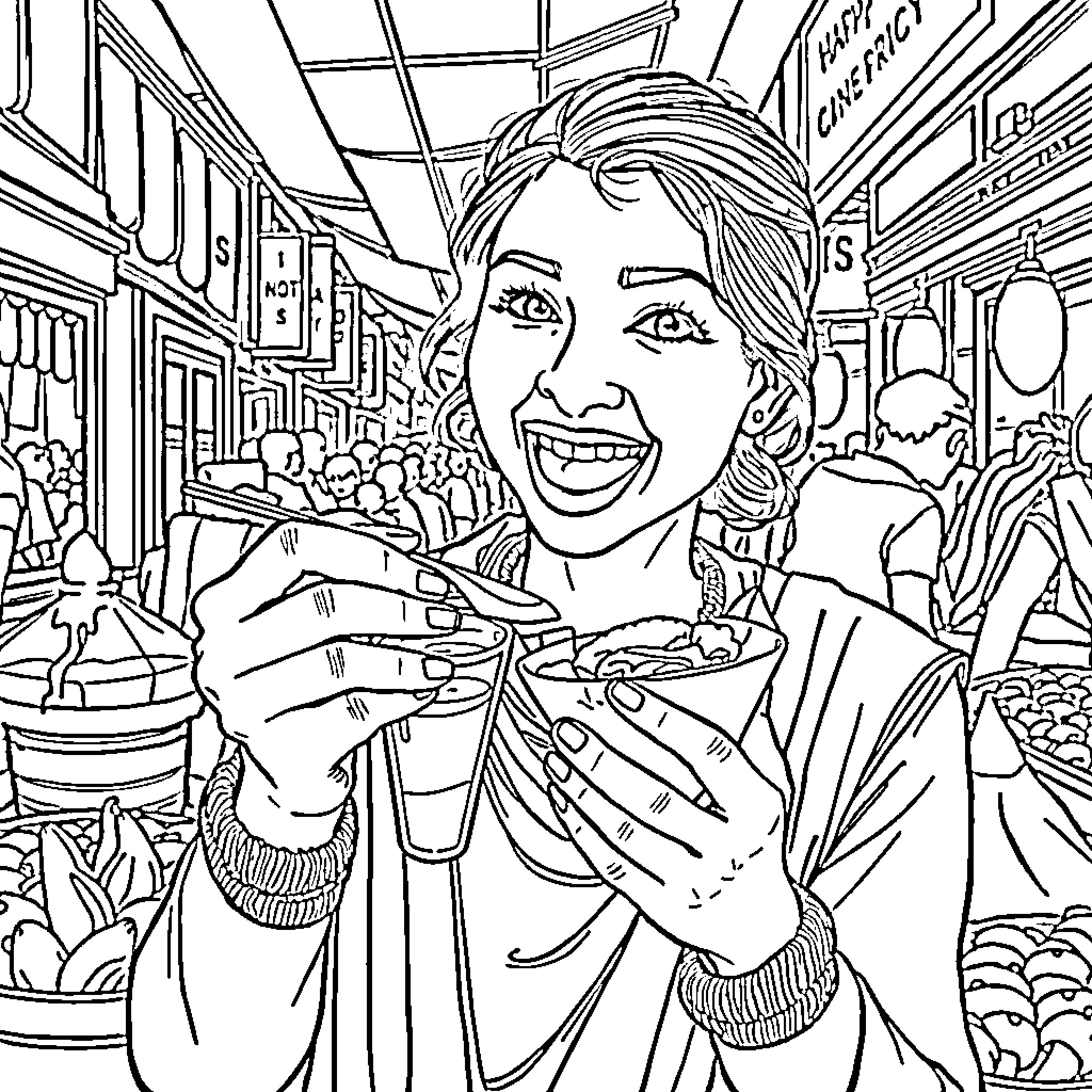Pani Puri Enthusiast Enjoys Savory Snack in Bustling Market Coloring Page (free black-and-white line drawing printable PDF for all, from beginners to advanced learners, including children, teens, adults, and seniors)