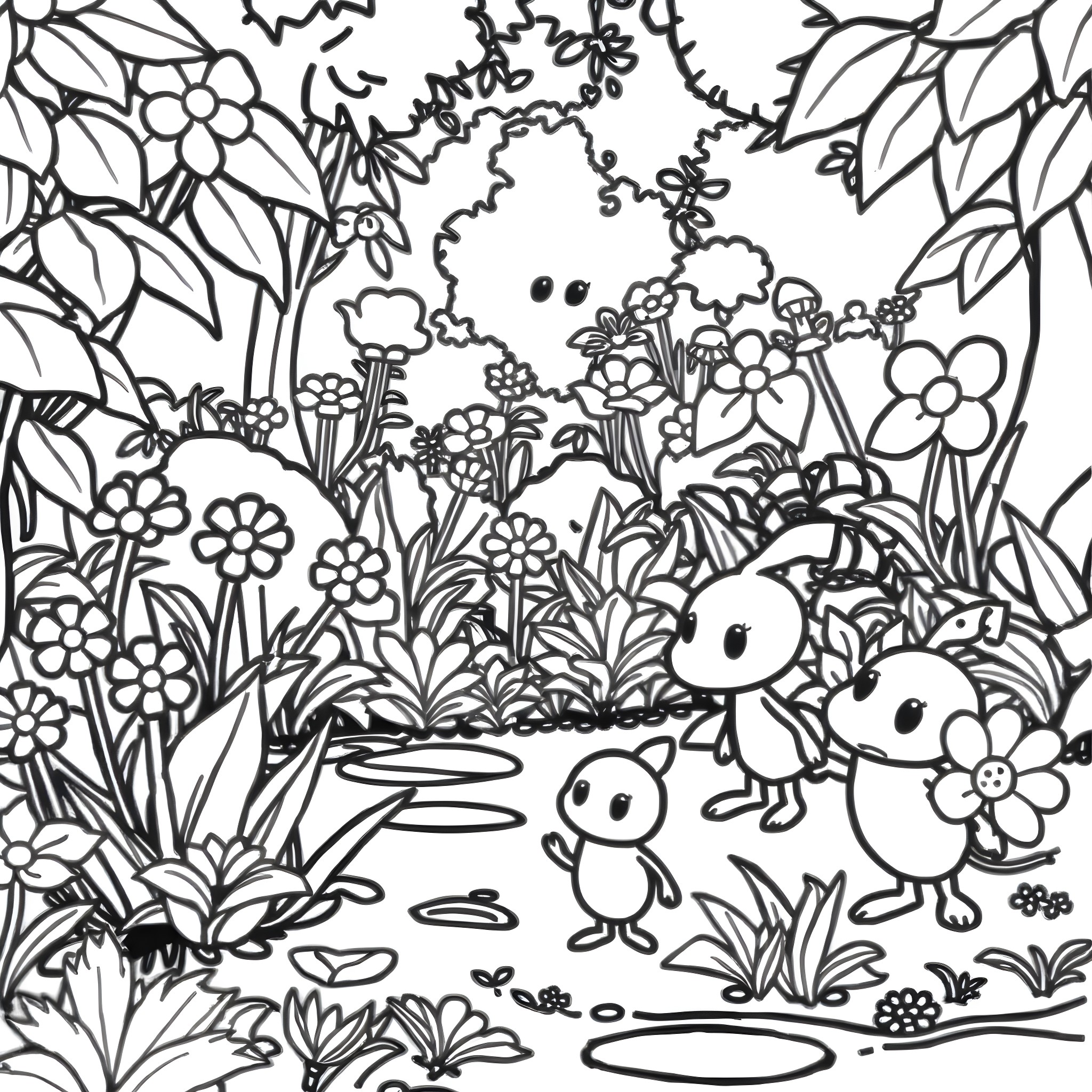 Pikmin exploring a lush botanical garden Coloring Page (free black-and-white line drawing printable PDF for all, from beginners to advanced learners, including children, teens, adults, and seniors)