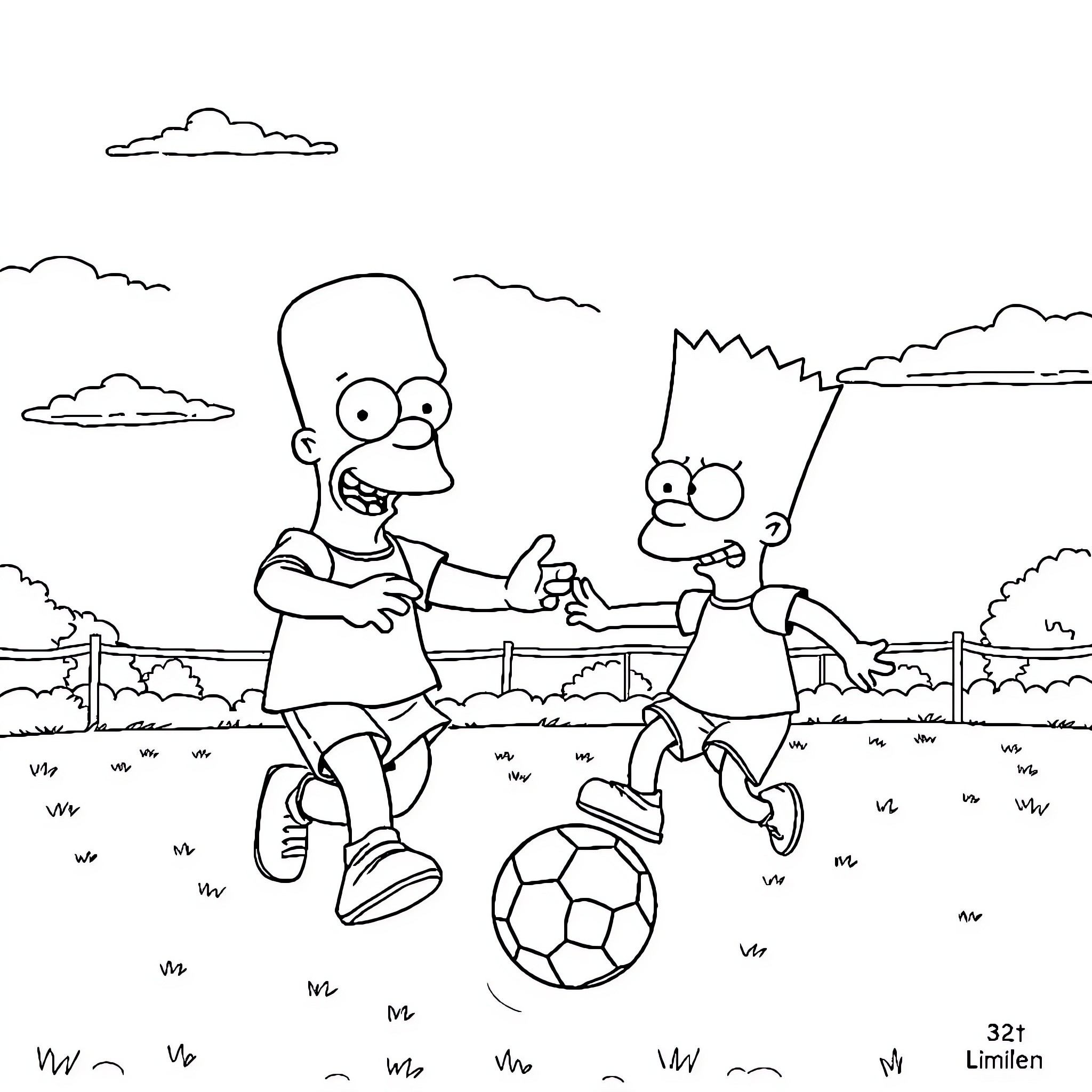 Bob Sponge playing soccer with a friend in the park Coloring Page (free black-and-white line drawing printable PDF for all, from beginners to advanced learners, including children, teens, adults, and seniors)