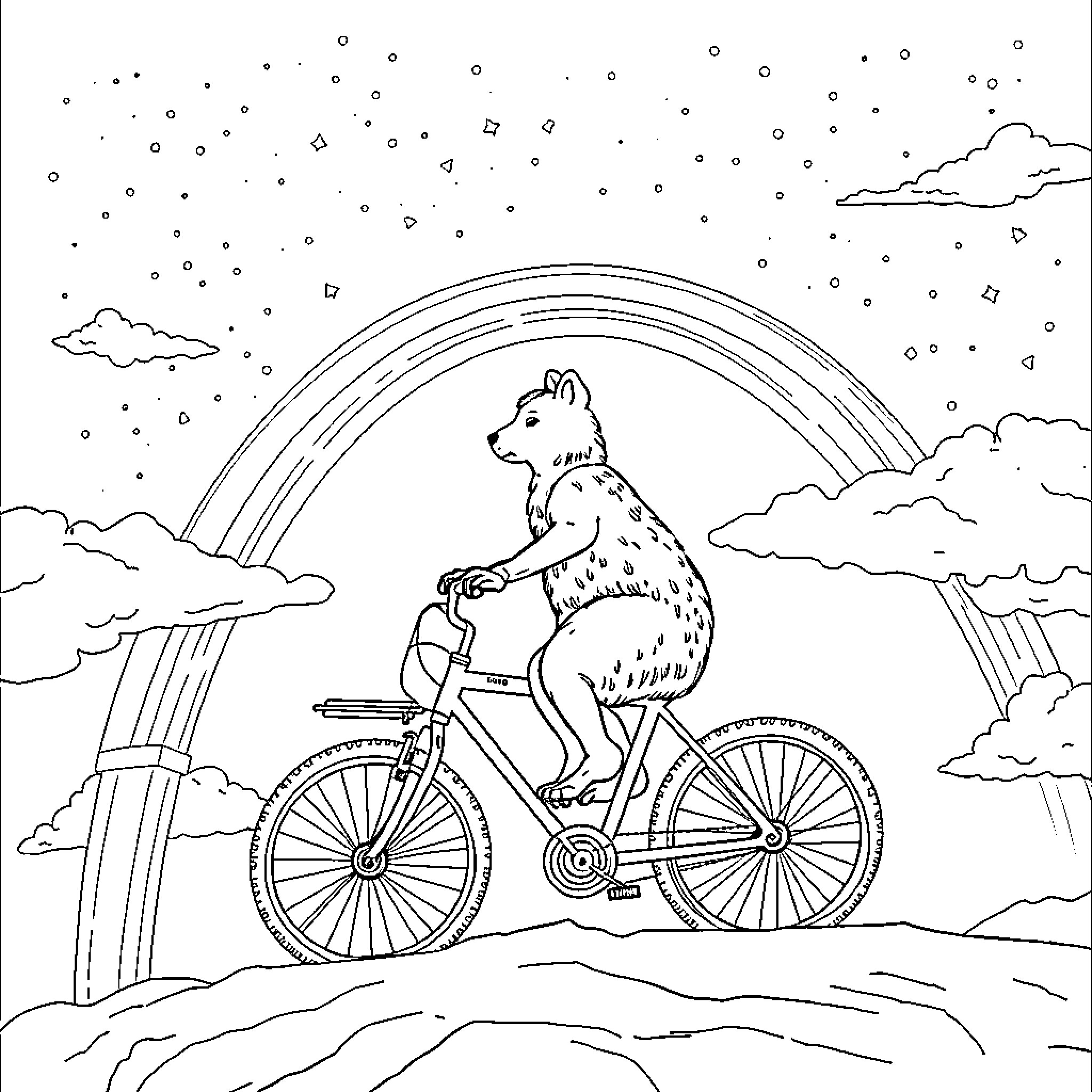 Capybara riding a bicycle under a rainbow Coloring Page (free black-and-white line drawing printable PDF for all, from beginners to advanced learners, including children, teens, adults, and seniors)