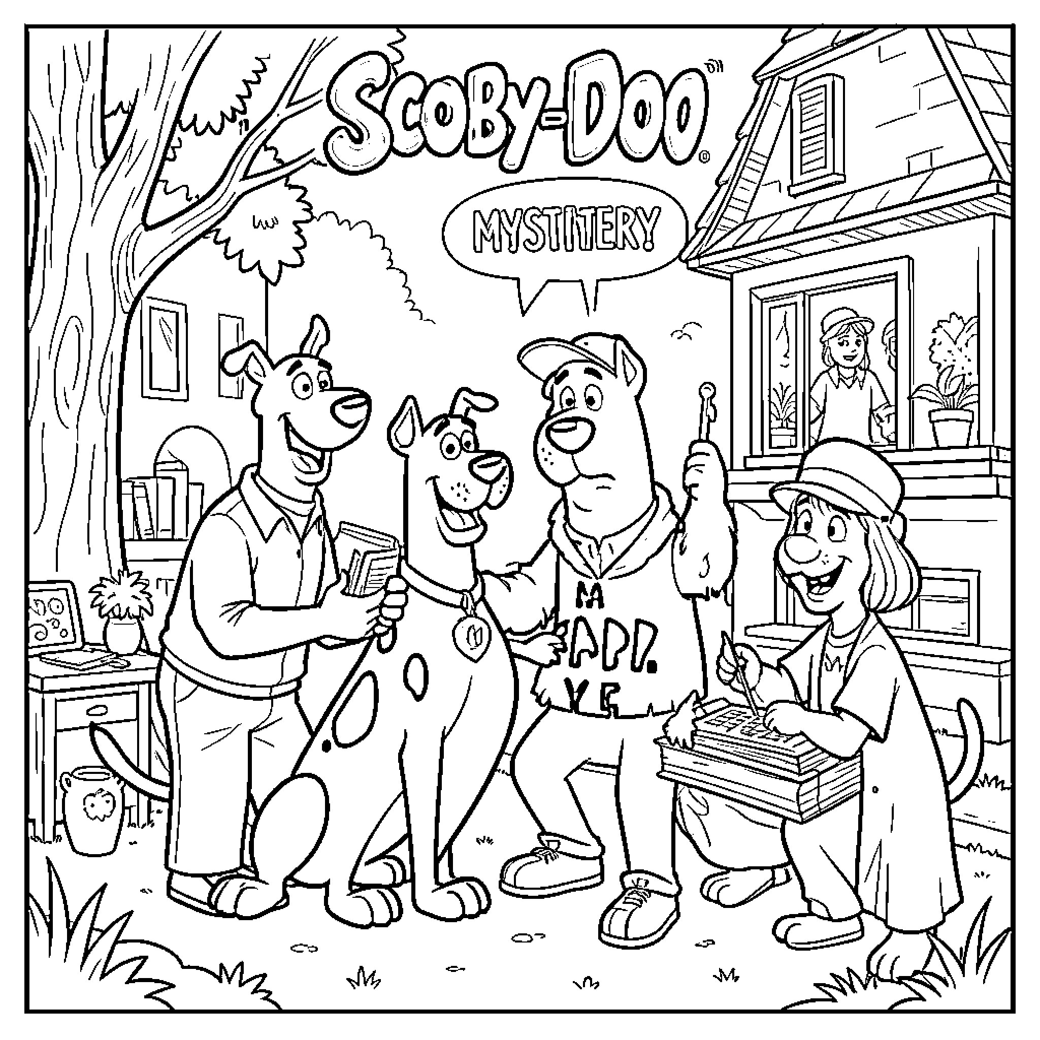 Scooby-Doo and Friends Solving a Mystery Coloring Page (free black-and-white line drawing printable PDF for all, from beginners to advanced learners, including children, teens, adults, and seniors)