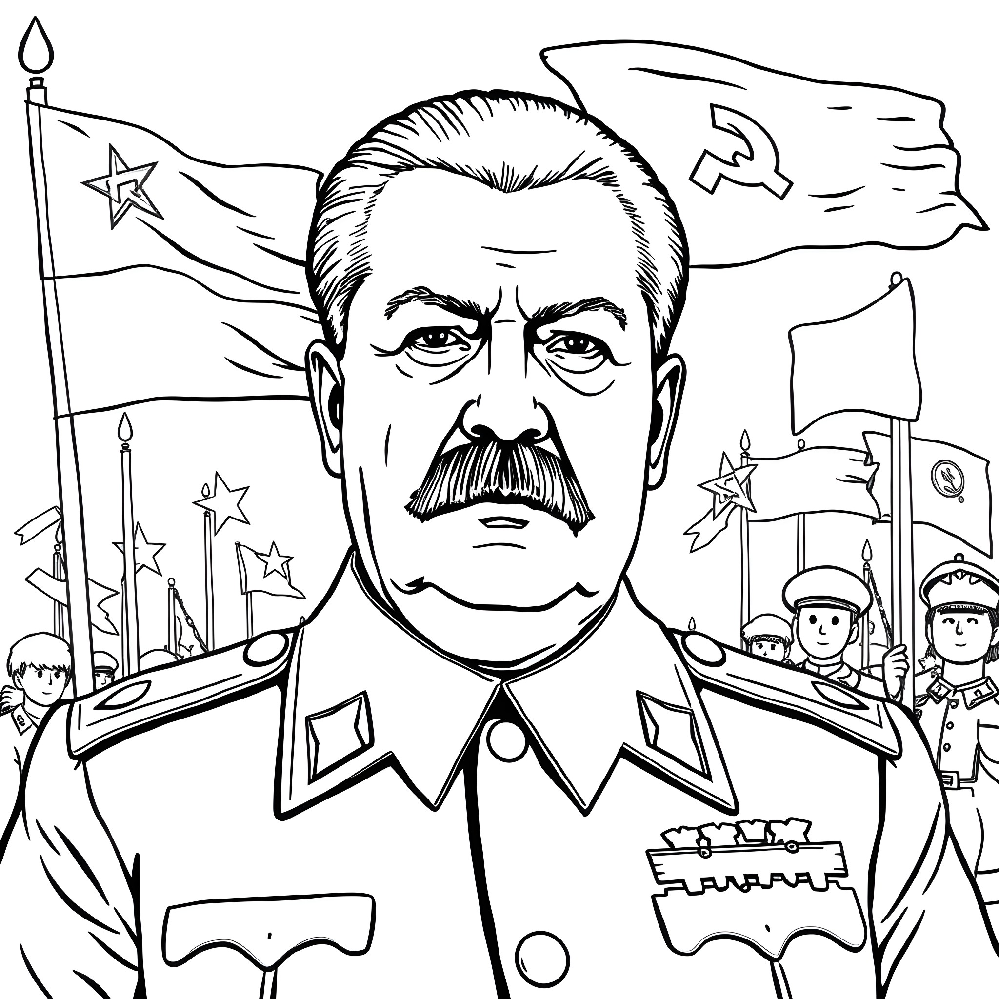 Stalin's Stern Expression and Military Uniform Coloring Page (free black-and-white line drawing printable PDF for all, from beginners to advanced learners, including children, teens, adults, and seniors)
