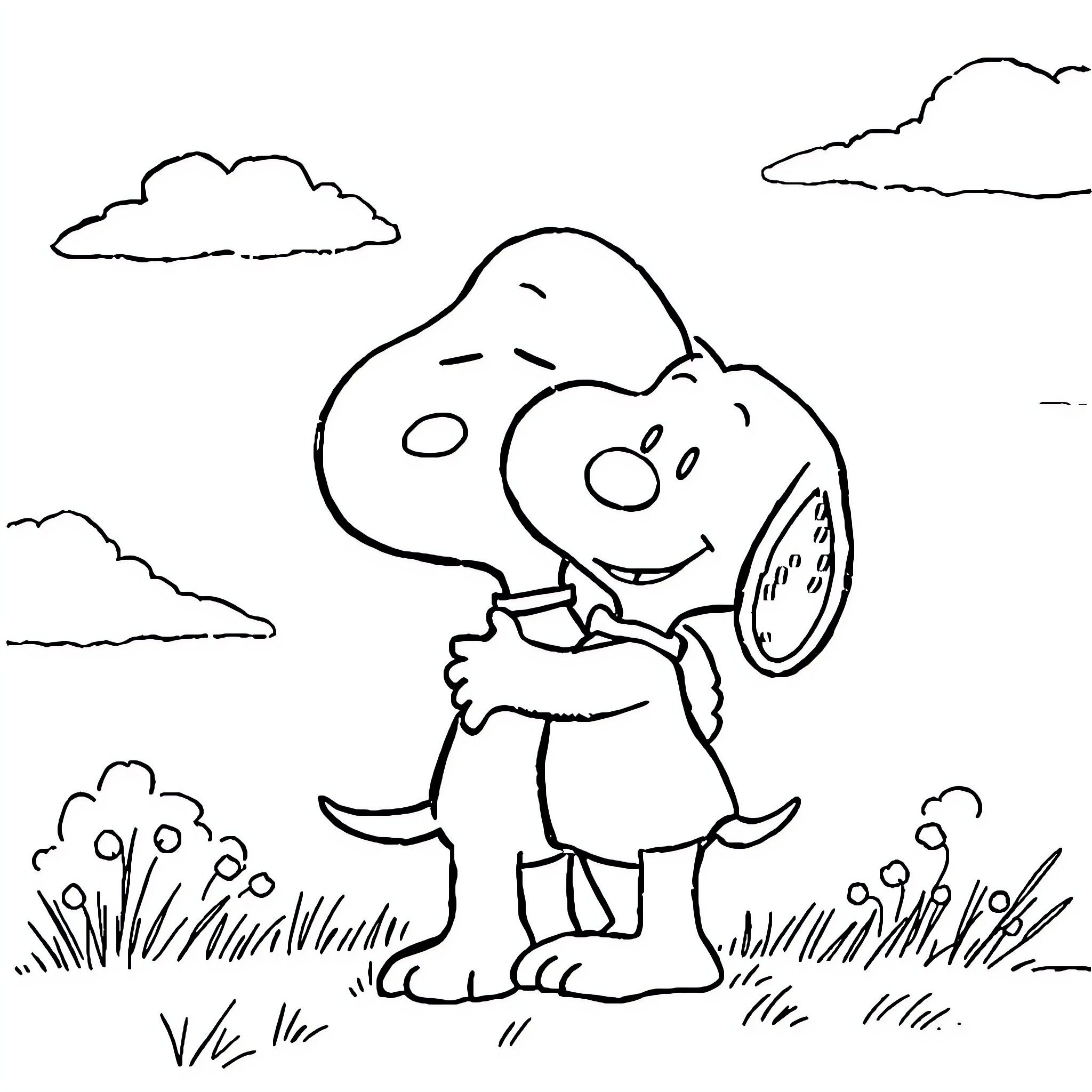 Snoopy enjoying the outdoors with his friend Coloring Page (free black-and-white line drawing printable PDF for all, from beginners to advanced learners, including children, teens, adults, and seniors)
