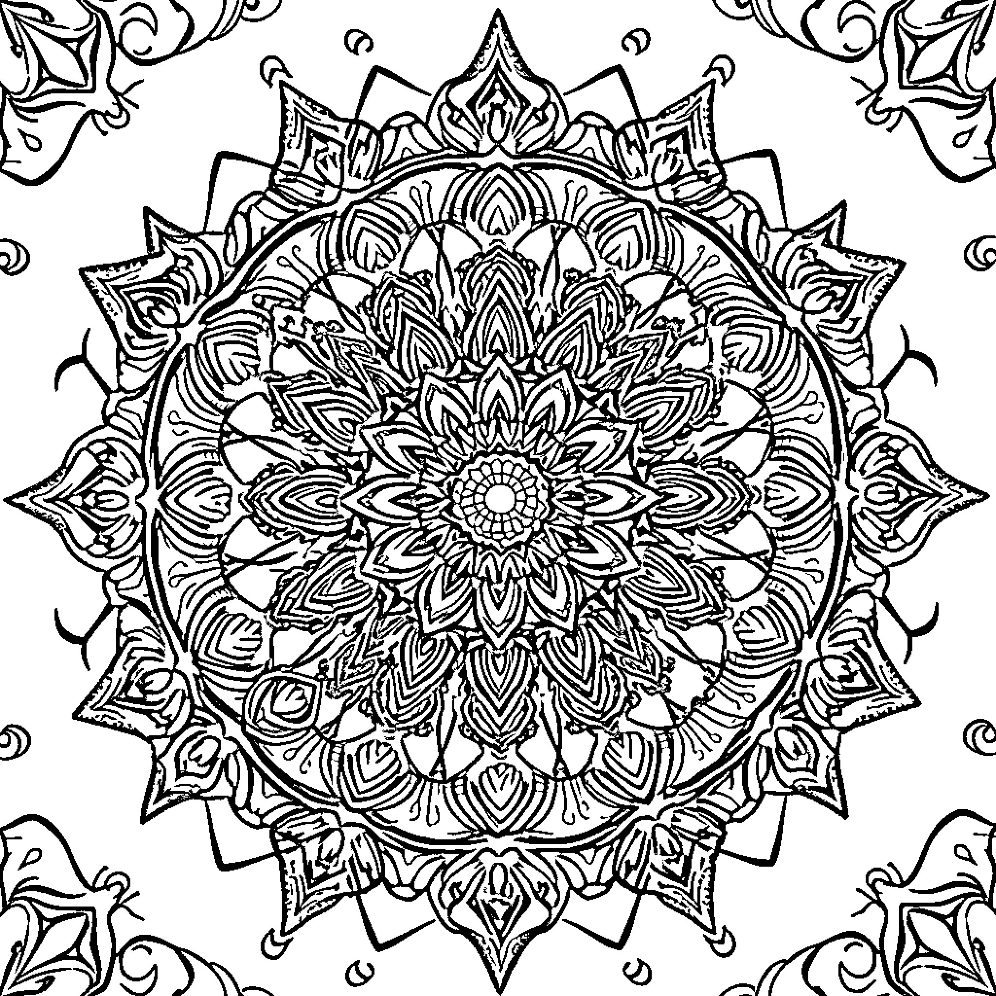 Mandala of Intricate Floral Patterns Coloring Page (free black-and-white line drawing printable PDF for all, from beginners to advanced learners, including children, teens, adults, and seniors)