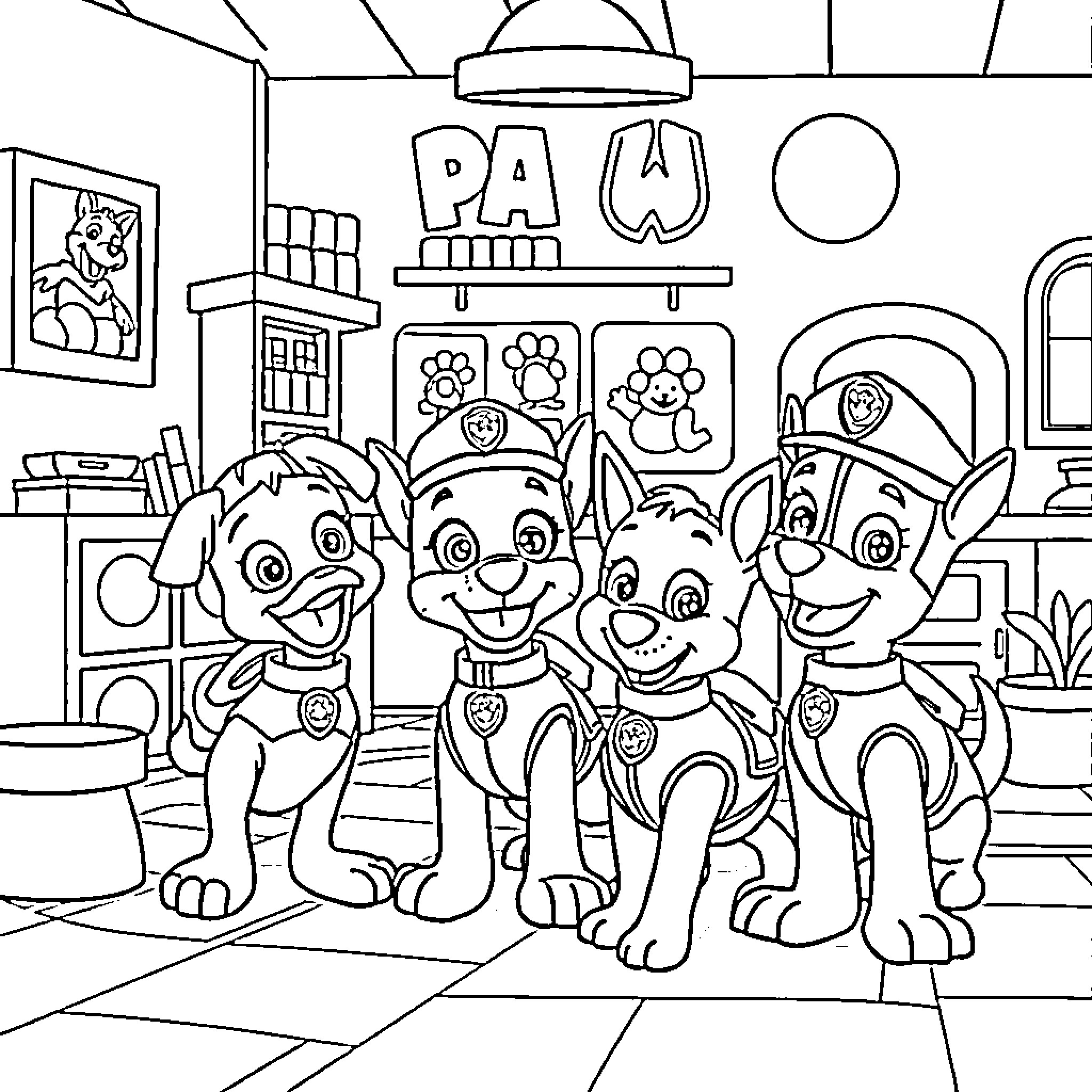 Paw Patrol characters exploring their headquarters Coloring Page (free black-and-white line drawing printable PDF for all, from beginners to advanced learners, including children, teens, adults, and seniors)