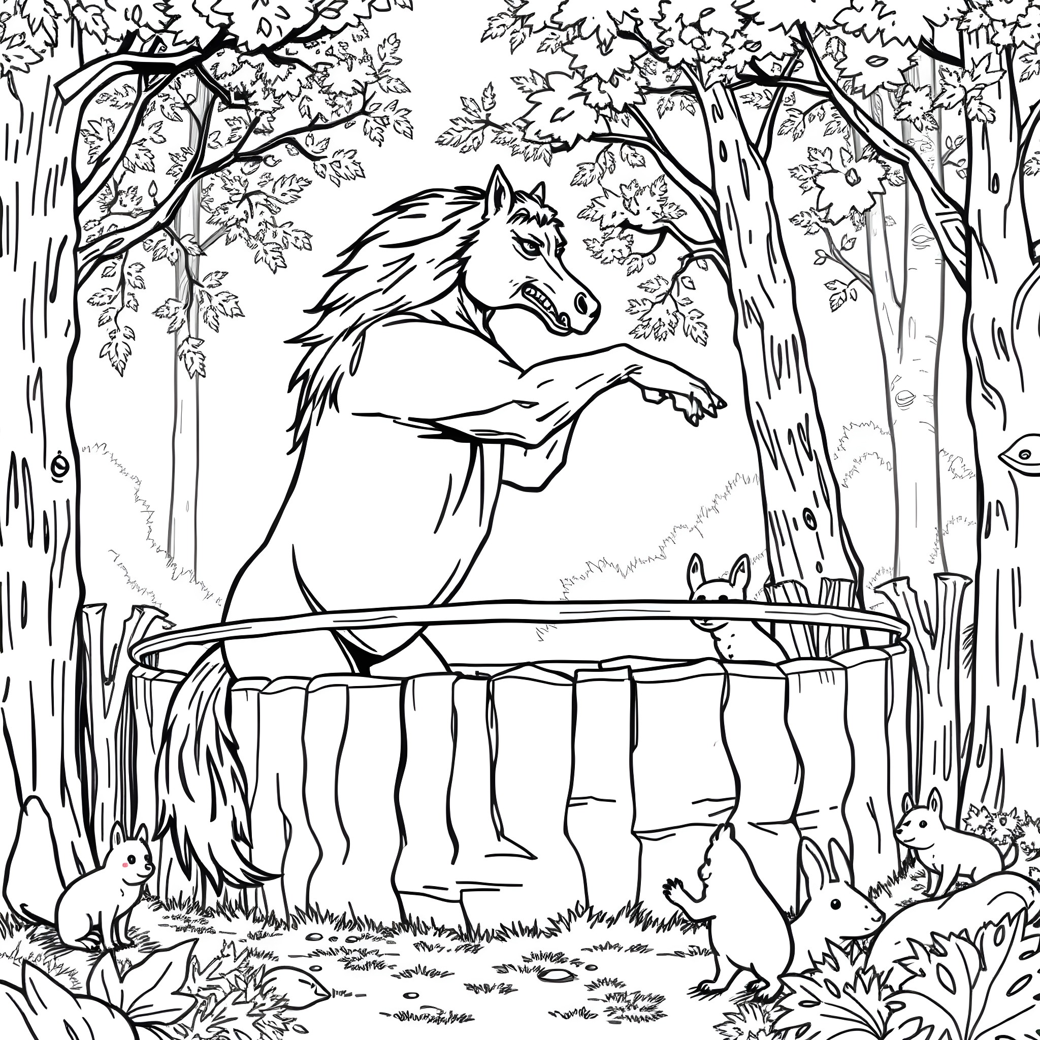 Wolf in the Enchanted Forest Coloring Page (free black-and-white line drawing printable PDF for all, from beginners to advanced learners, including children, teens, adults, and seniors)