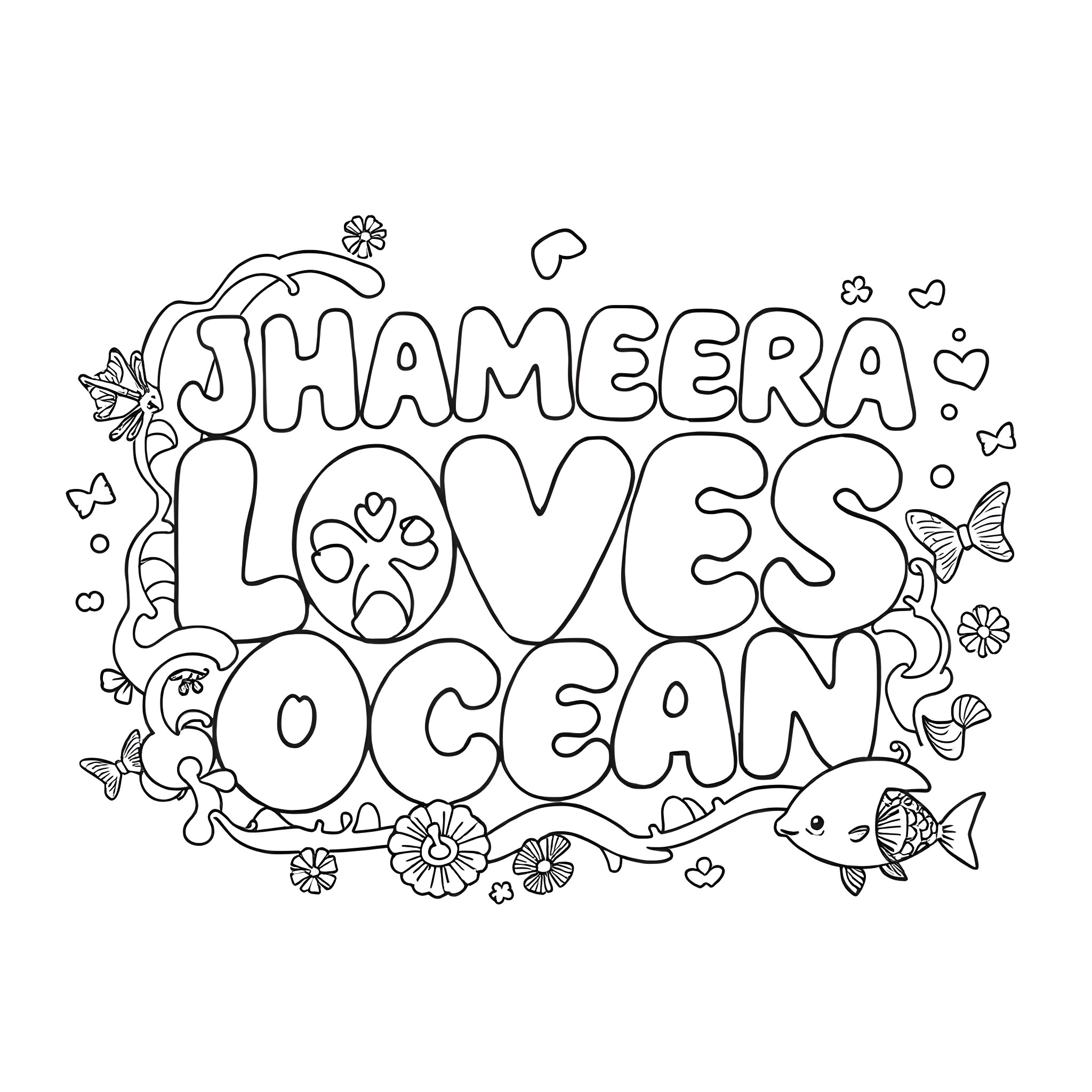 Jha'Meera's Love for the Ocean Coloring Page (free black-and-white line drawing printable PDF for all, from beginners to advanced learners, including children, teens, adults, and seniors)