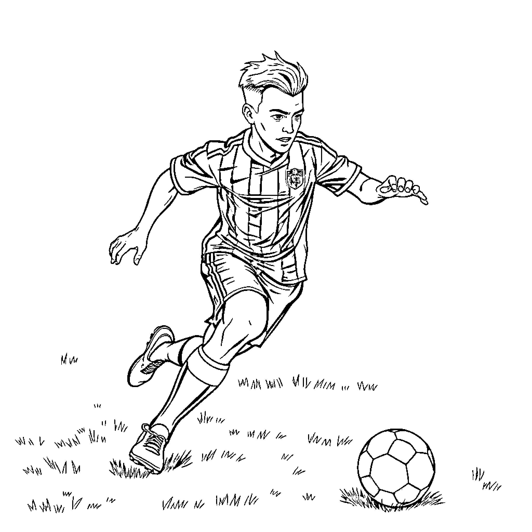 STICHT - Soccer Player Dribbling Ball on Field Coloring Page (free black-and-white line drawing printable PDF for all, from beginners to advanced learners, including children, teens, adults, and seniors)