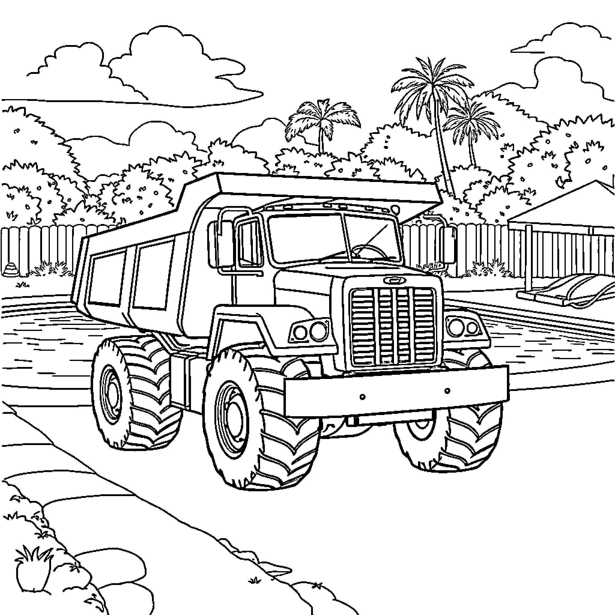 Dumper truck navigating through a tropical landscape Coloring Page (free black-and-white line drawing printable PDF for all, from beginners to advanced learners, including children, teens, adults, and seniors)
