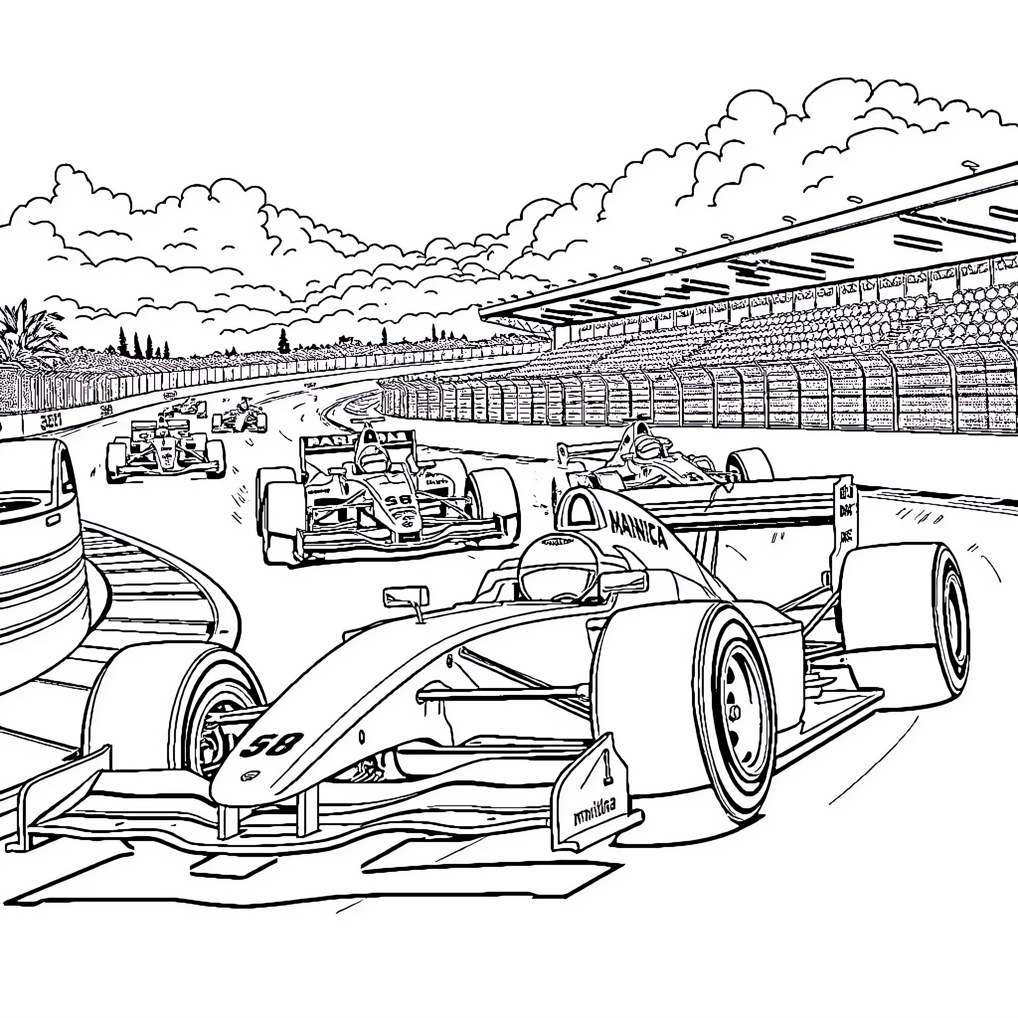 Formula 1 Race Cars Speeding on Circuit Track Coloring Page (free black-and-white line drawing printable PDF for all, from beginners to advanced learners, including children, teens, adults, and seniors)
