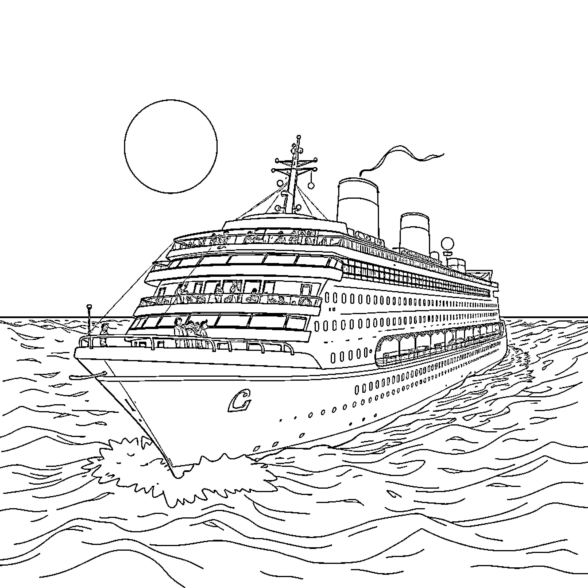 Disney Cruise Ship Sailing on the Open Sea Coloring Page (free black-and-white line drawing printable PDF for all, from beginners to advanced learners, including children, teens, adults, and seniors)