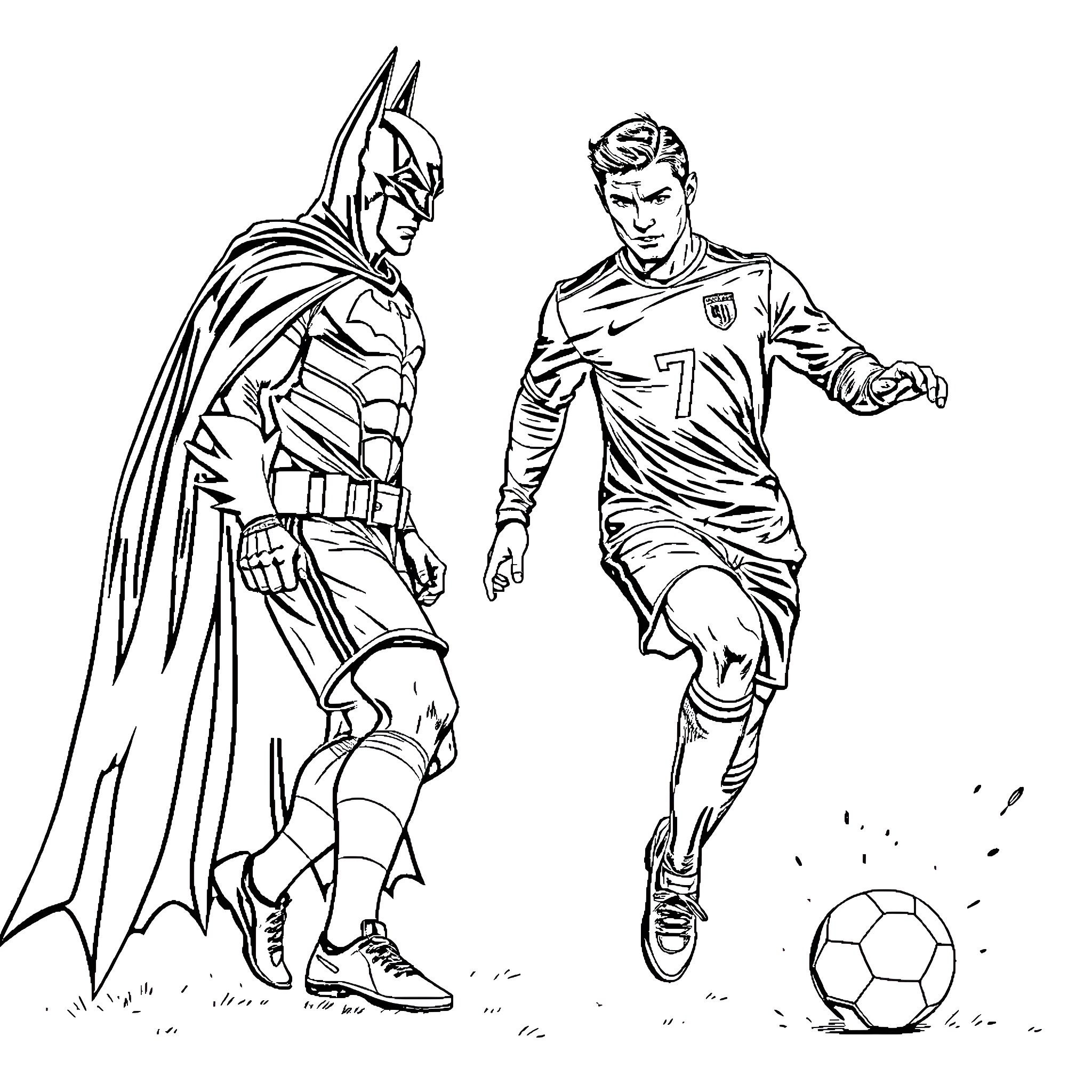 Ronaldo in action facing off against a superhero Coloring Page (free black-and-white line drawing printable PDF for all, from beginners to advanced learners, including children, teens, adults, and seniors)