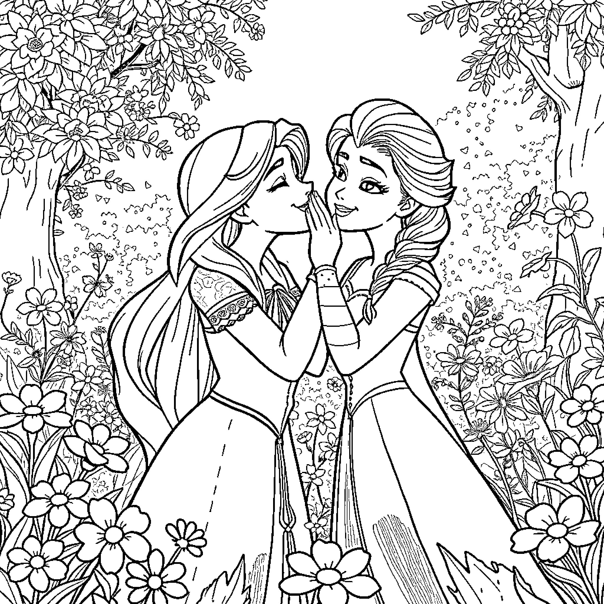 Rapunzel sisters enjoying a tender moment in the garden Coloring Page (free black-and-white line drawing printable PDF for all, from beginners to advanced learners, including children, teens, adults, and seniors)