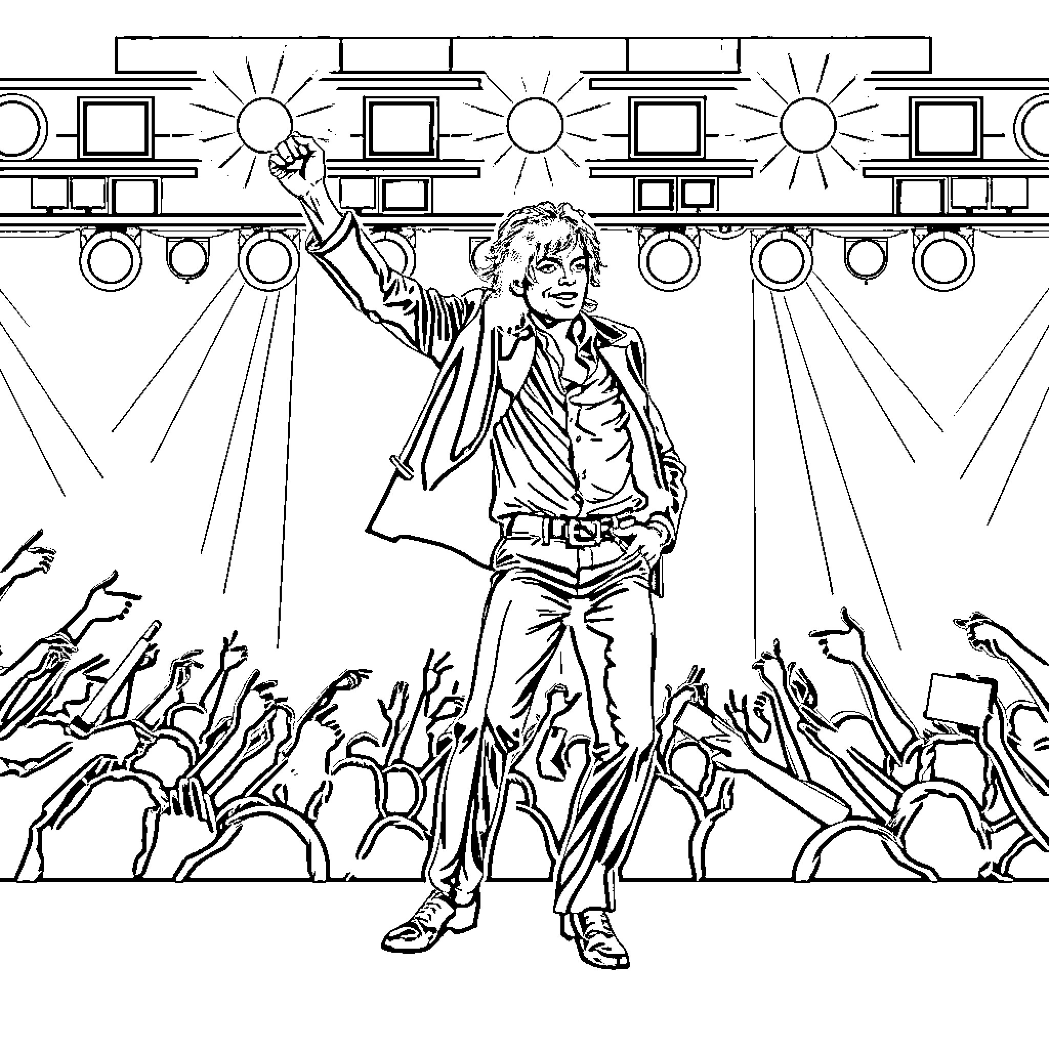 Michael Jackson performing on stage with adoring fans Coloring Page (free black-and-white line drawing printable PDF for all, from beginners to advanced learners, including children, teens, adults, and seniors)