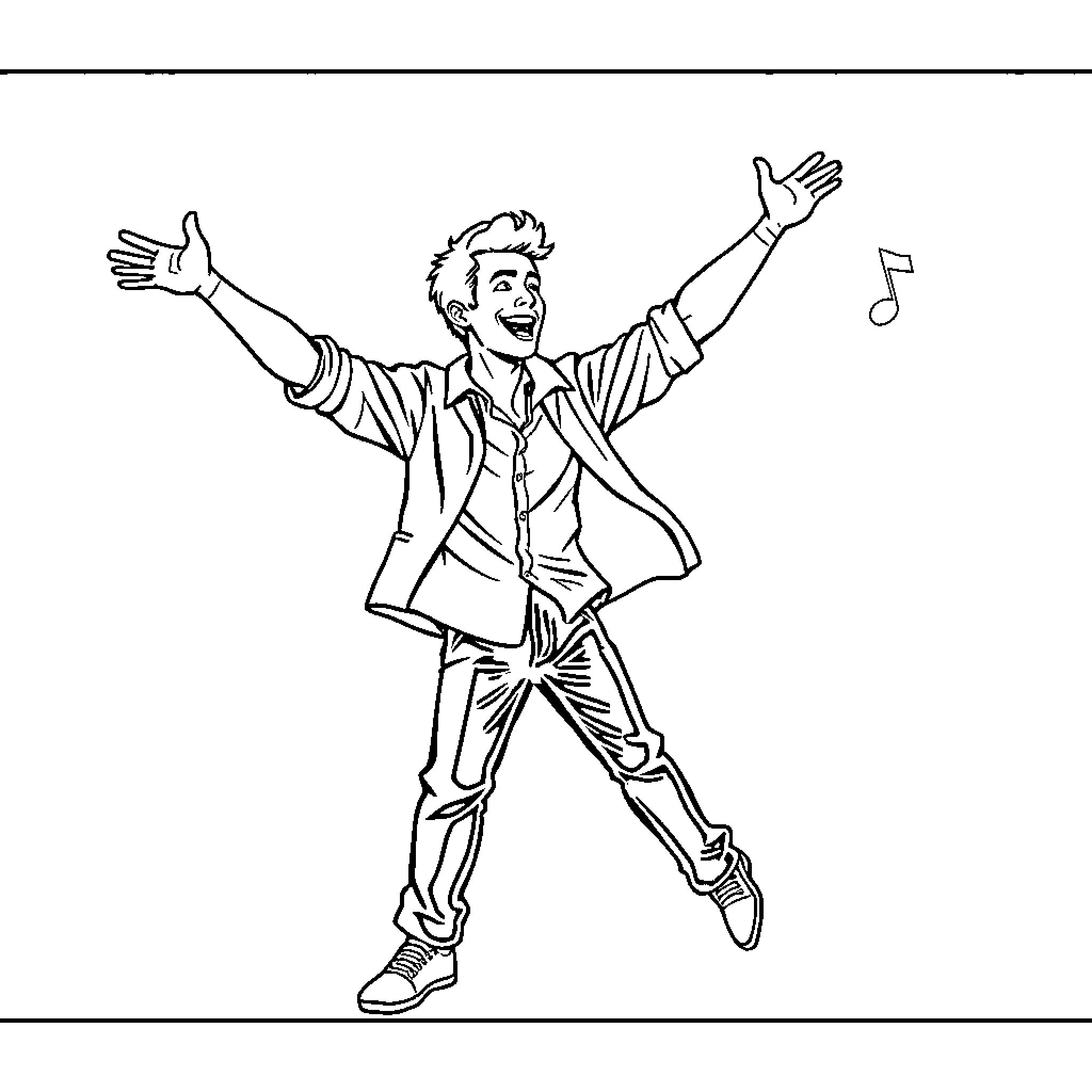 Man excitedly dancing with outstretched arms Coloring Page (free black-and-white line drawing printable PDF for all, from beginners to advanced learners, including children, teens, adults, and seniors)