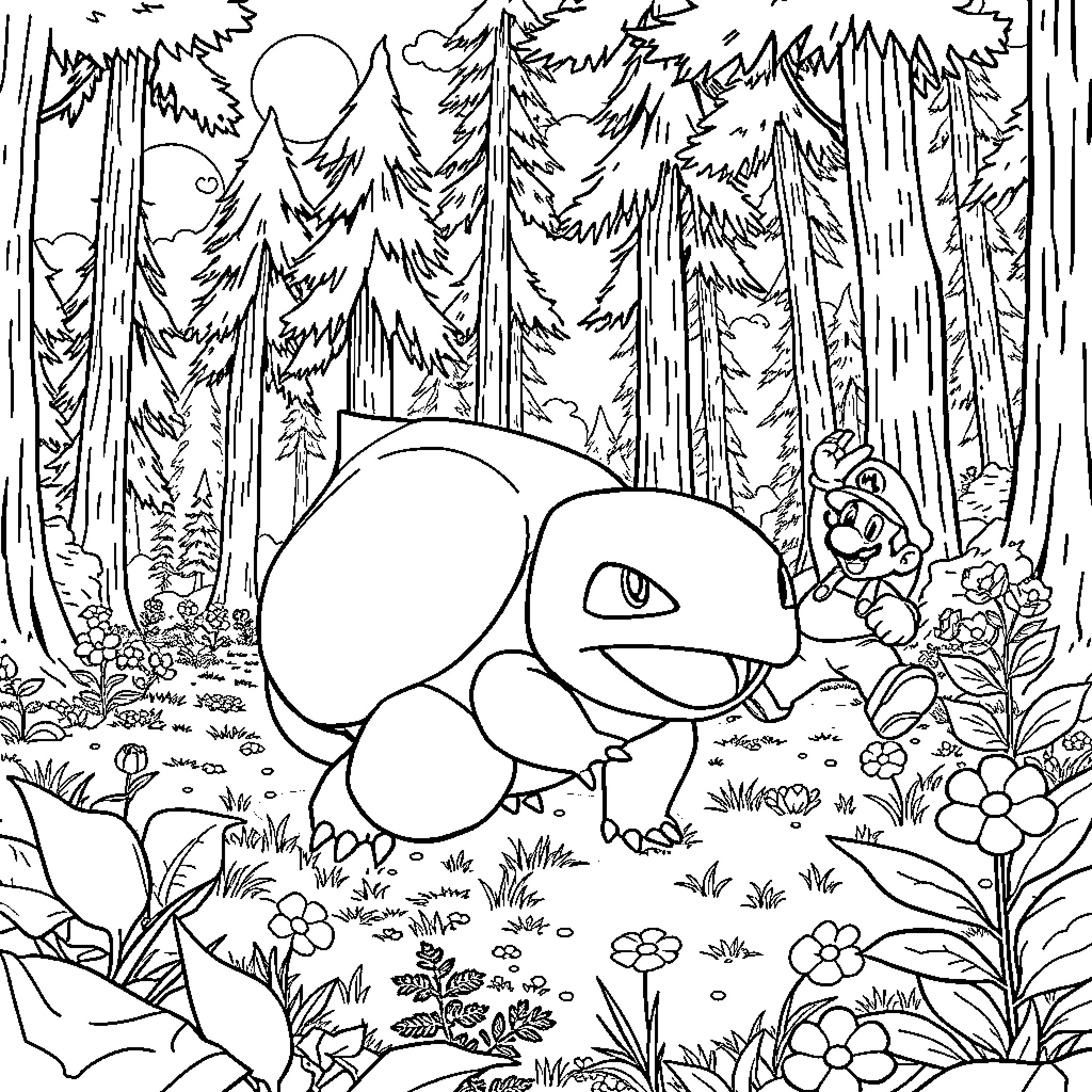 Bulbasaur exploring the forest Coloring Page (free black-and-white line drawing printable PDF for all, from beginners to advanced learners, including children, teens, adults, and seniors)