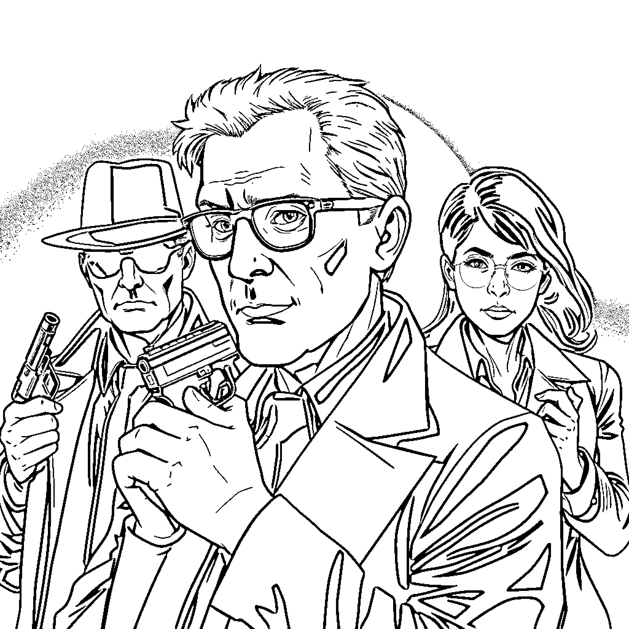 Criminal Mind: Suspicious Characters in Covert Action Coloring Page (free black-and-white line drawing printable PDF for all, from beginners to advanced learners, including children, teens, adults, and seniors)