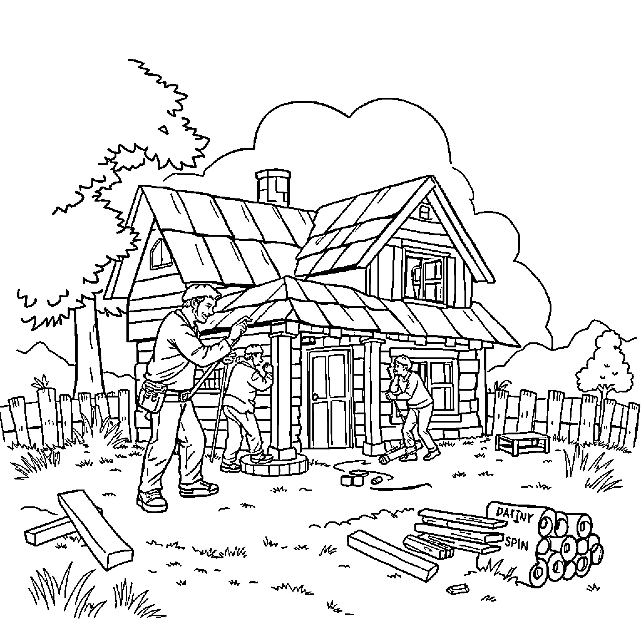 Man painting a cozy cottage in the countryside Coloring Page (free black-and-white line drawing printable PDF for all, from beginners to advanced learners, including children, teens, adults, and seniors)
