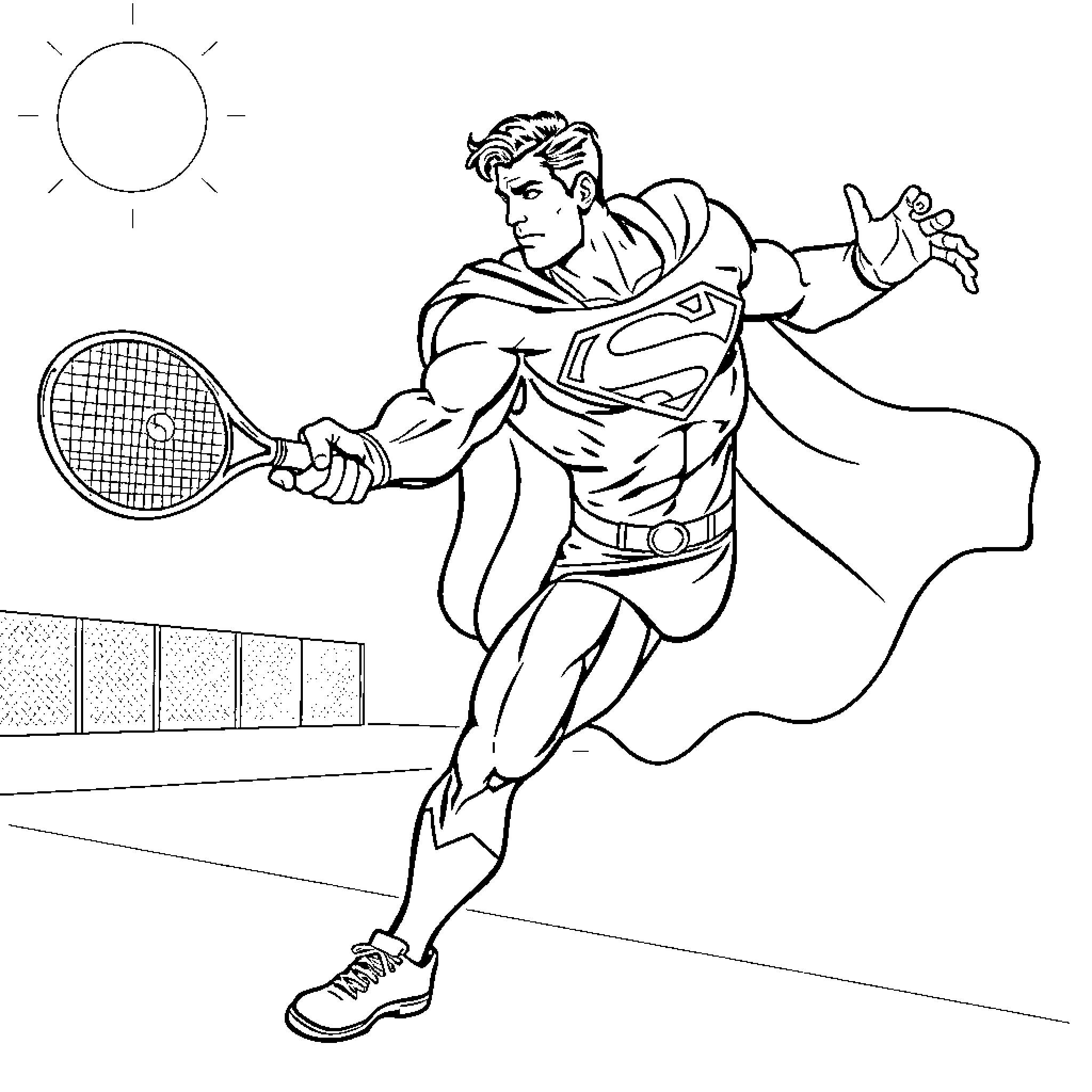 Superman playing tennis on the court Coloring Page (free black-and-white line drawing printable PDF for all, from beginners to advanced learners, including children, teens, adults, and seniors)