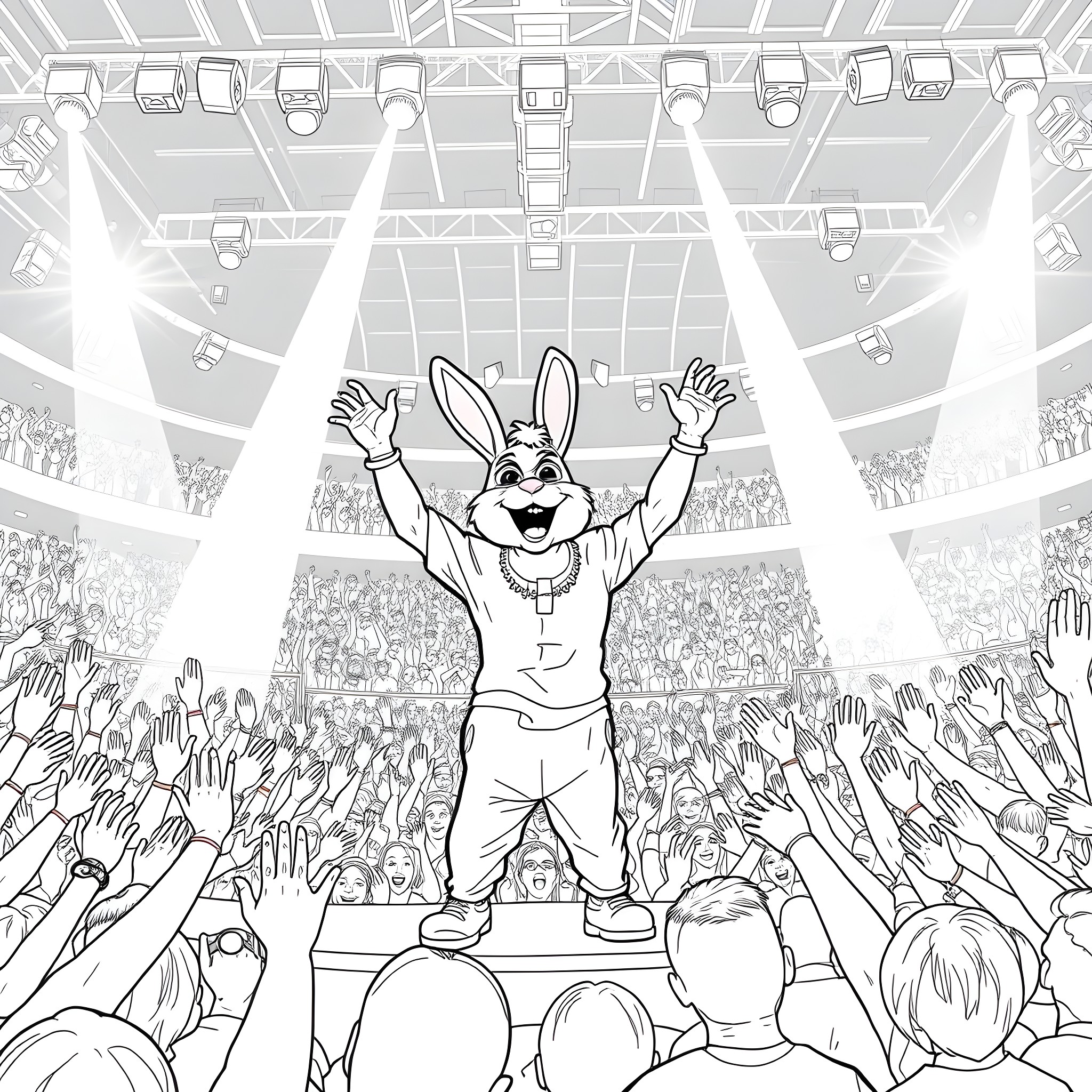 Bad Bunny performing excitedly on stage Coloring Page (free black-and-white line drawing printable PDF for all, from beginners to advanced learners, including children, teens, adults, and seniors)