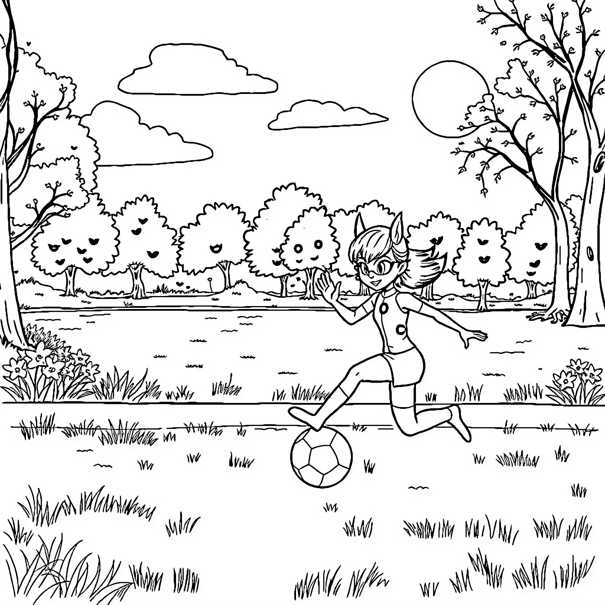 Ladybug playing soccer in a tranquil landscape Coloring Page (free black-and-white line drawing printable PDF for all, from beginners to advanced learners, including children, teens, adults, and seniors)