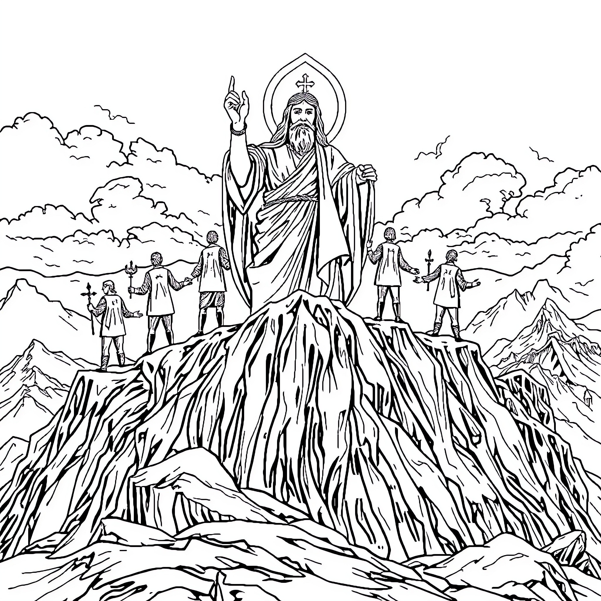 God's divine presence in majestic mountain scenery Coloring Page (free black-and-white line drawing printable PDF for all, from beginners to advanced learners, including children, teens, adults, and seniors)