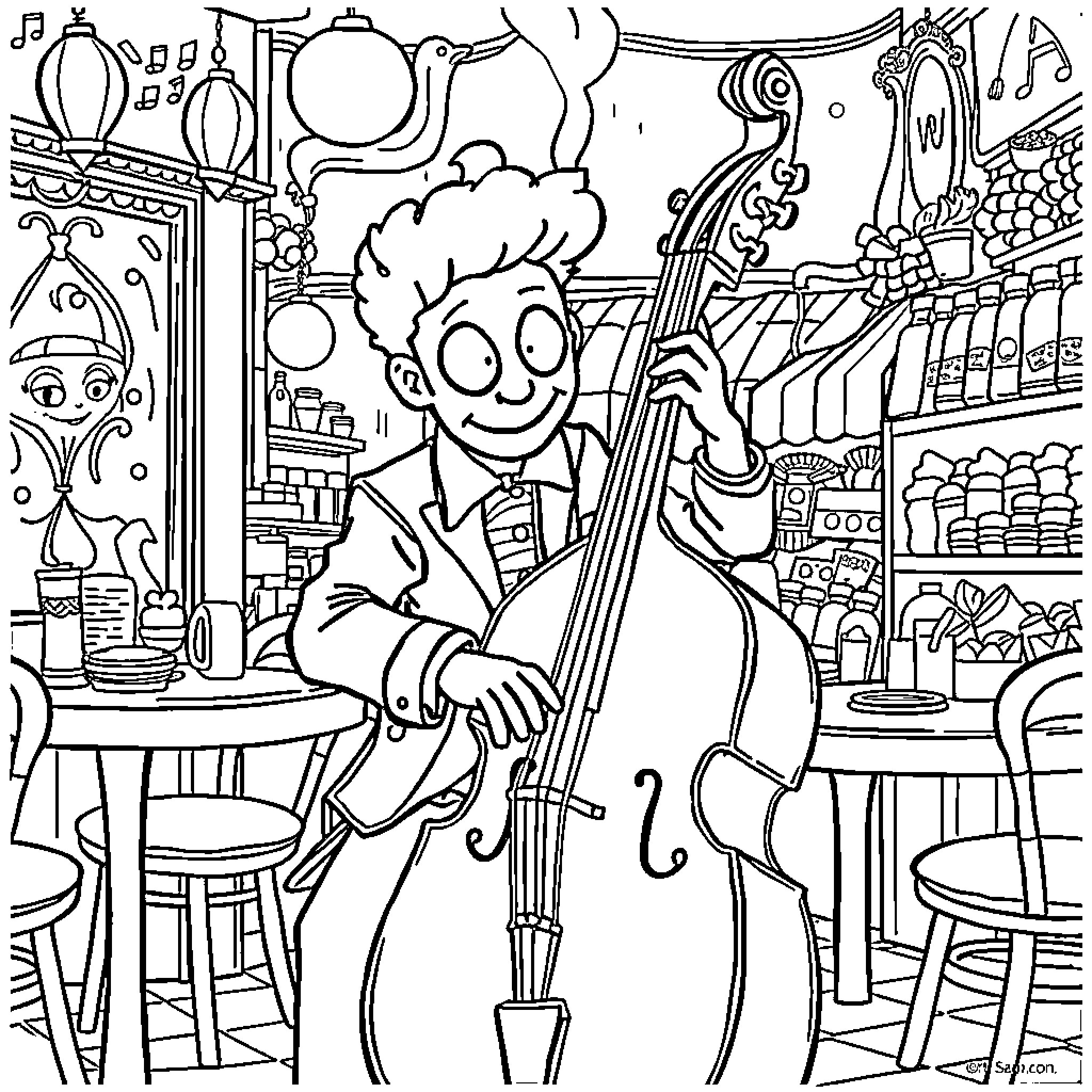 Pop Tart playing the cello in a cozy café Coloring Page (free black-and-white line drawing printable PDF for all, from beginners to advanced learners, including children, teens, adults, and seniors)
