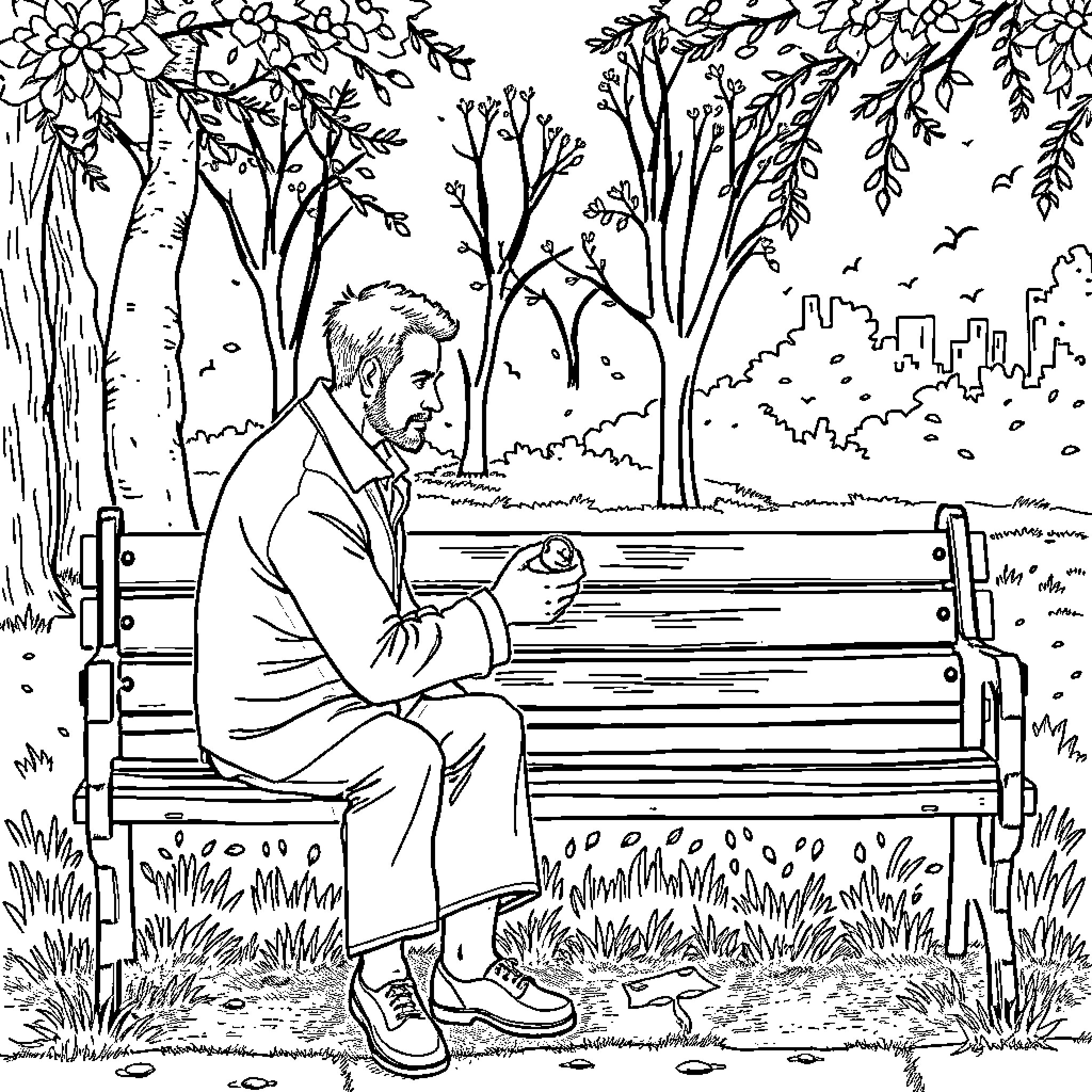 Man sitting peacefully on a bench in nature Coloring Page (free black-and-white line drawing printable PDF for all, from beginners to advanced learners, including children, teens, adults, and seniors)