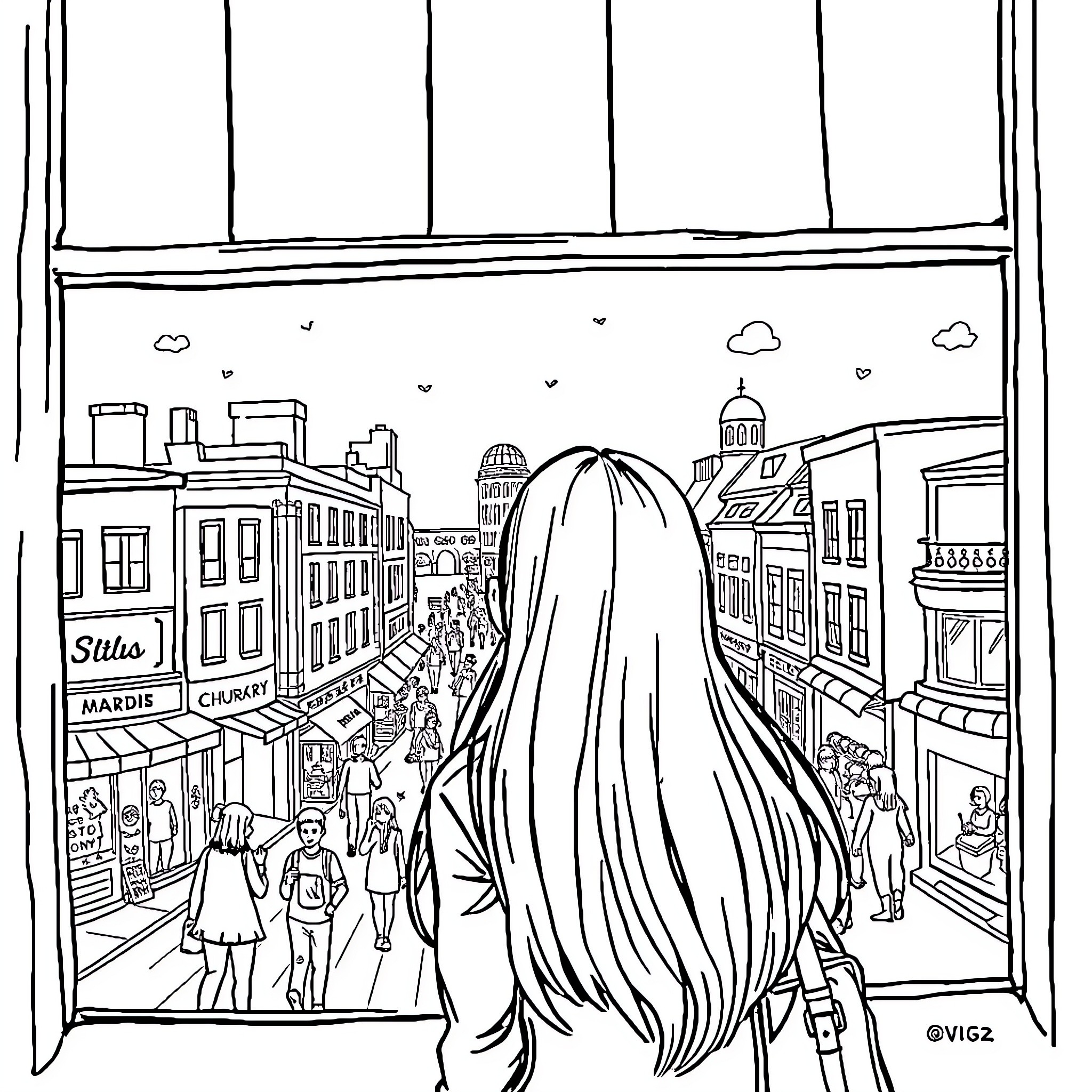 Girl Observing Bustling City Street from Window Coloring Page (free black-and-white line drawing printable PDF for all, from beginners to advanced learners, including children, teens, adults, and seniors)