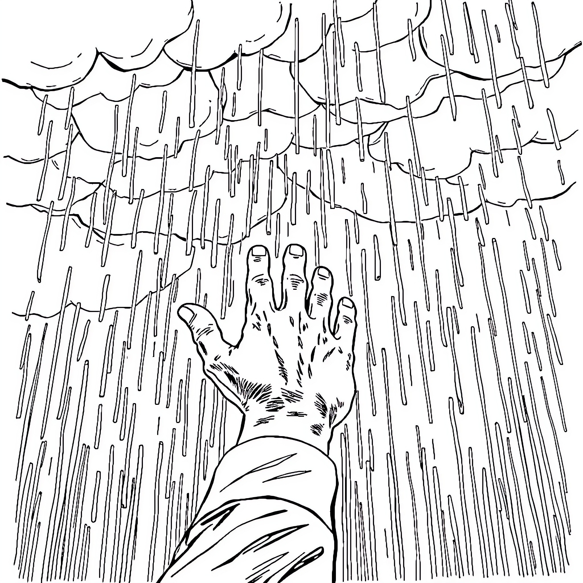 Hand reaching out in the rain Coloring Page (free black-and-white line drawing printable PDF for all, from beginners to advanced learners, including children, teens, adults, and seniors)