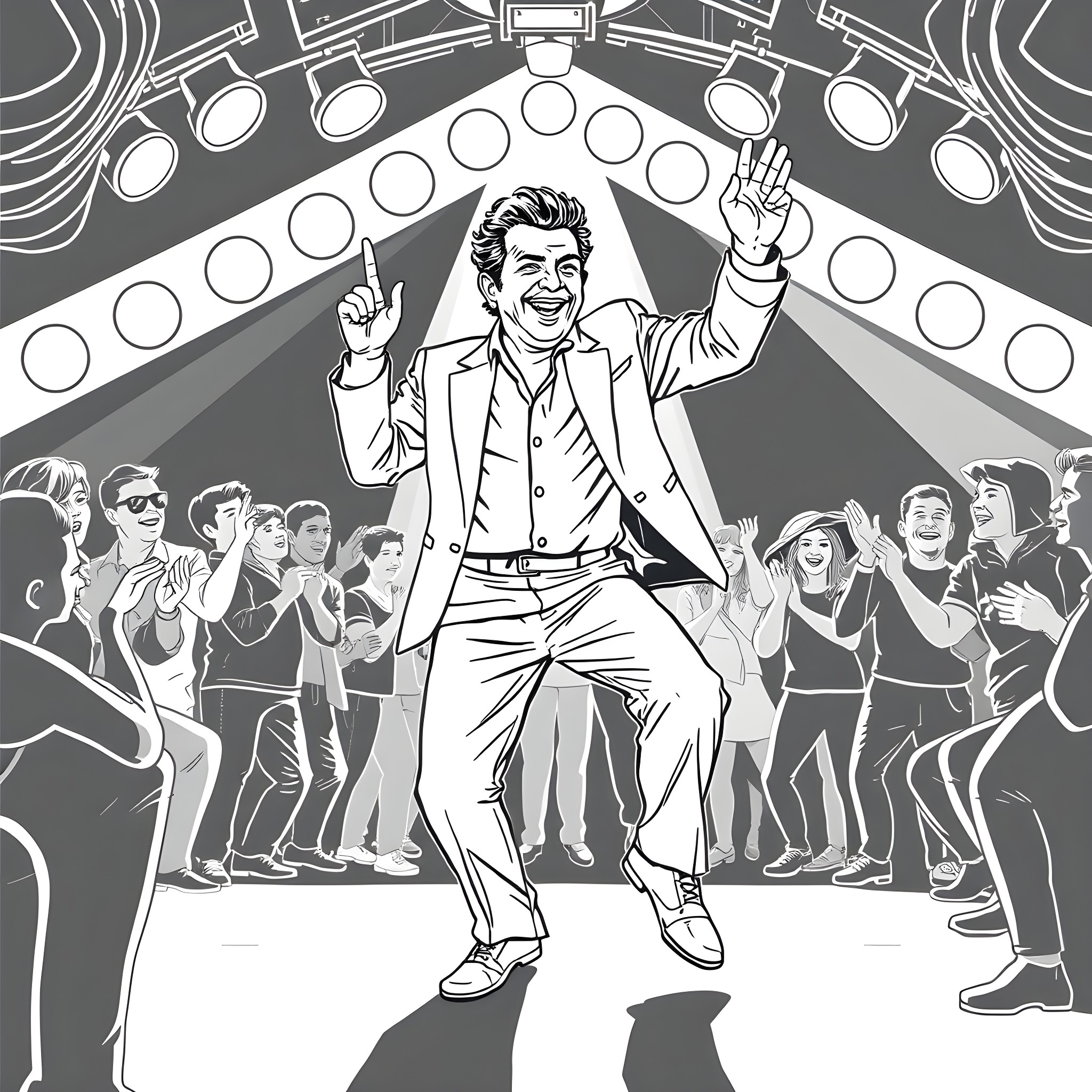 Joe Pesci performing on stage with energetic crowd Coloring Page (free black-and-white line drawing printable PDF for all, from beginners to advanced learners, including children, teens, adults, and seniors)