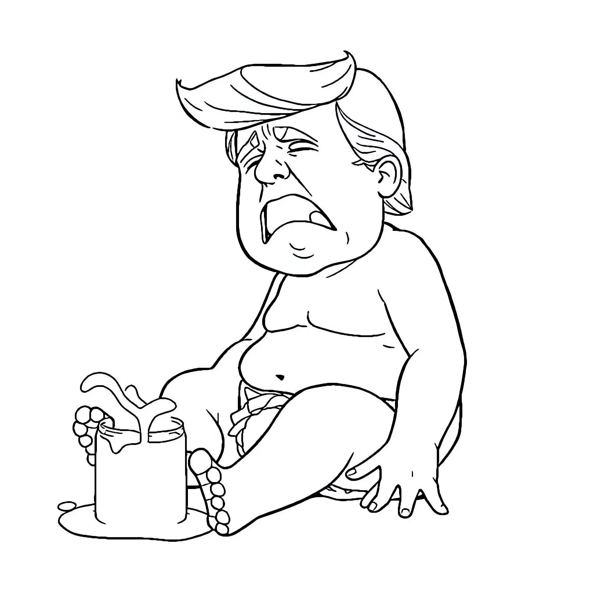 Trump's Angry Tantrum with Spilled Drink Coloring Page (free black-and-white line drawing printable PDF for all, from beginners to advanced learners, including children, teens, adults, and seniors)