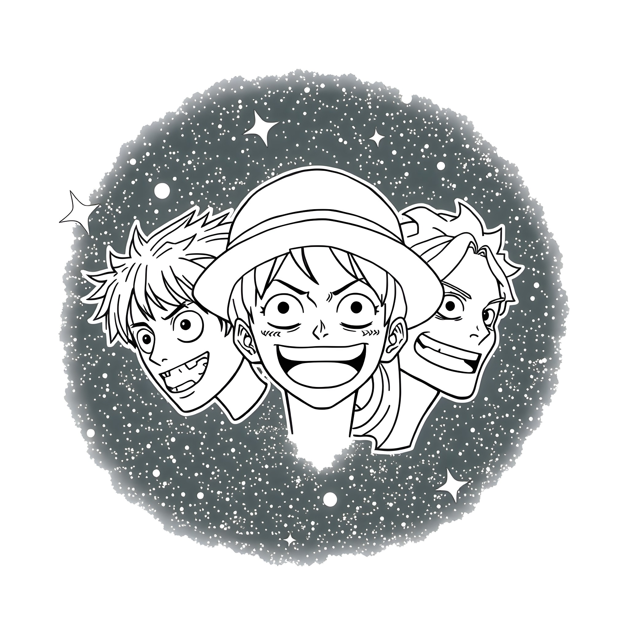 One Piece: Trio of Anime Characters in Starry Night Coloring Page (free black-and-white line drawing printable PDF for all, from beginners to advanced learners, including children, teens, adults, and seniors)