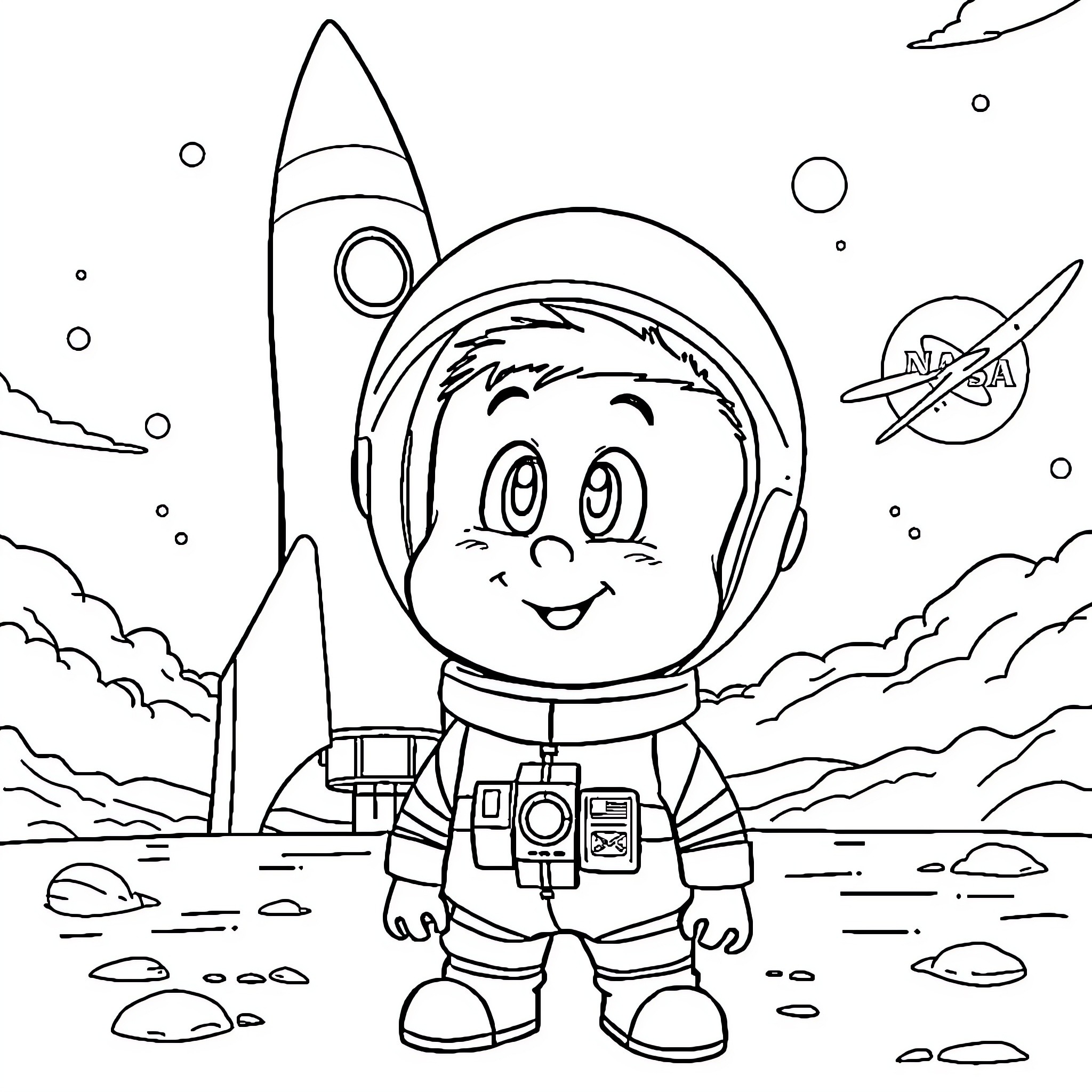 Tommy Pickles exploring the cosmos in his astronaut gear Coloring Page (free black-and-white line drawing printable PDF for all, from beginners to advanced learners, including children, teens, adults, and seniors)