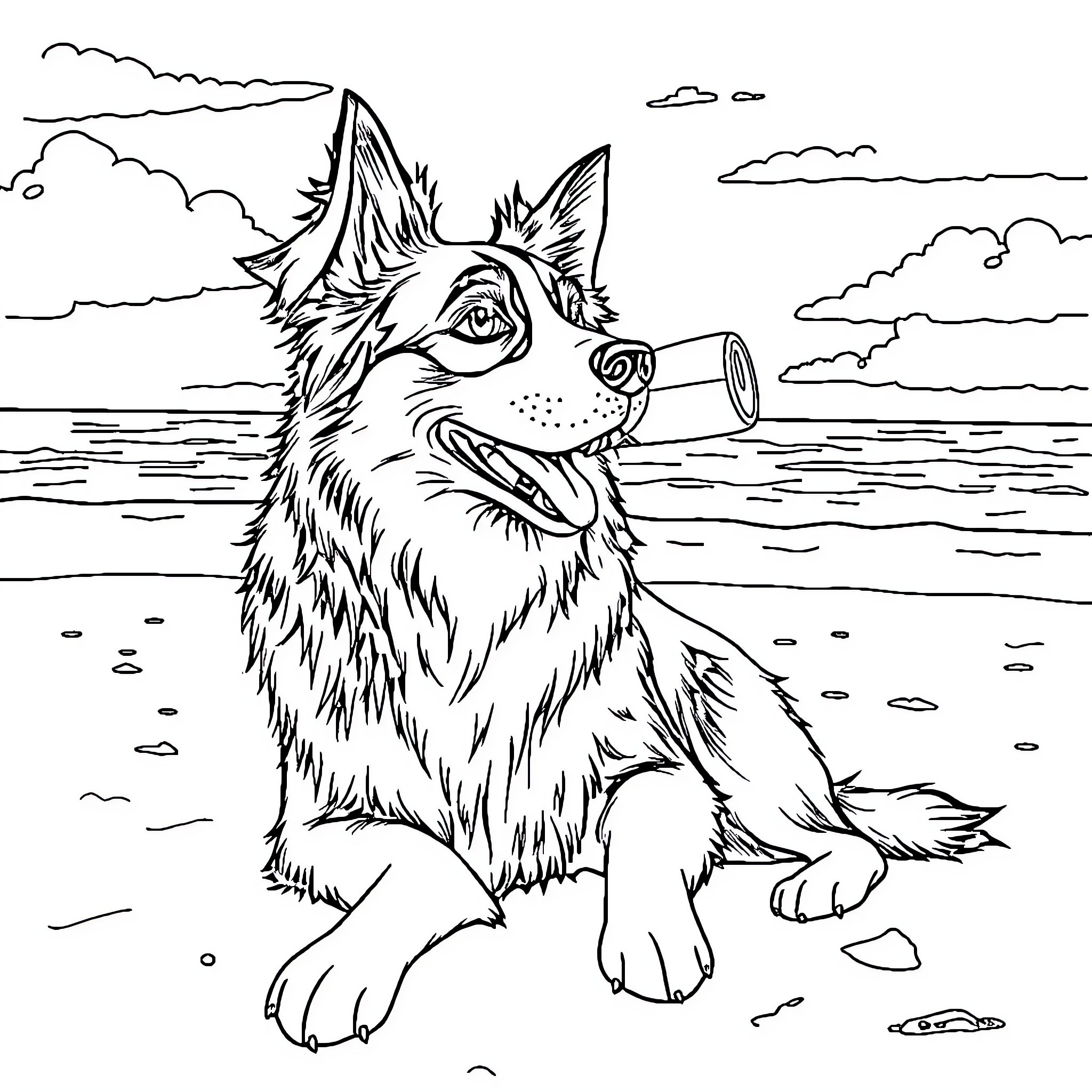 Australian Shepherd playing on the beach Coloring Page (free black-and-white line drawing printable PDF for all, from beginners to advanced learners, including children, teens, adults, and seniors)